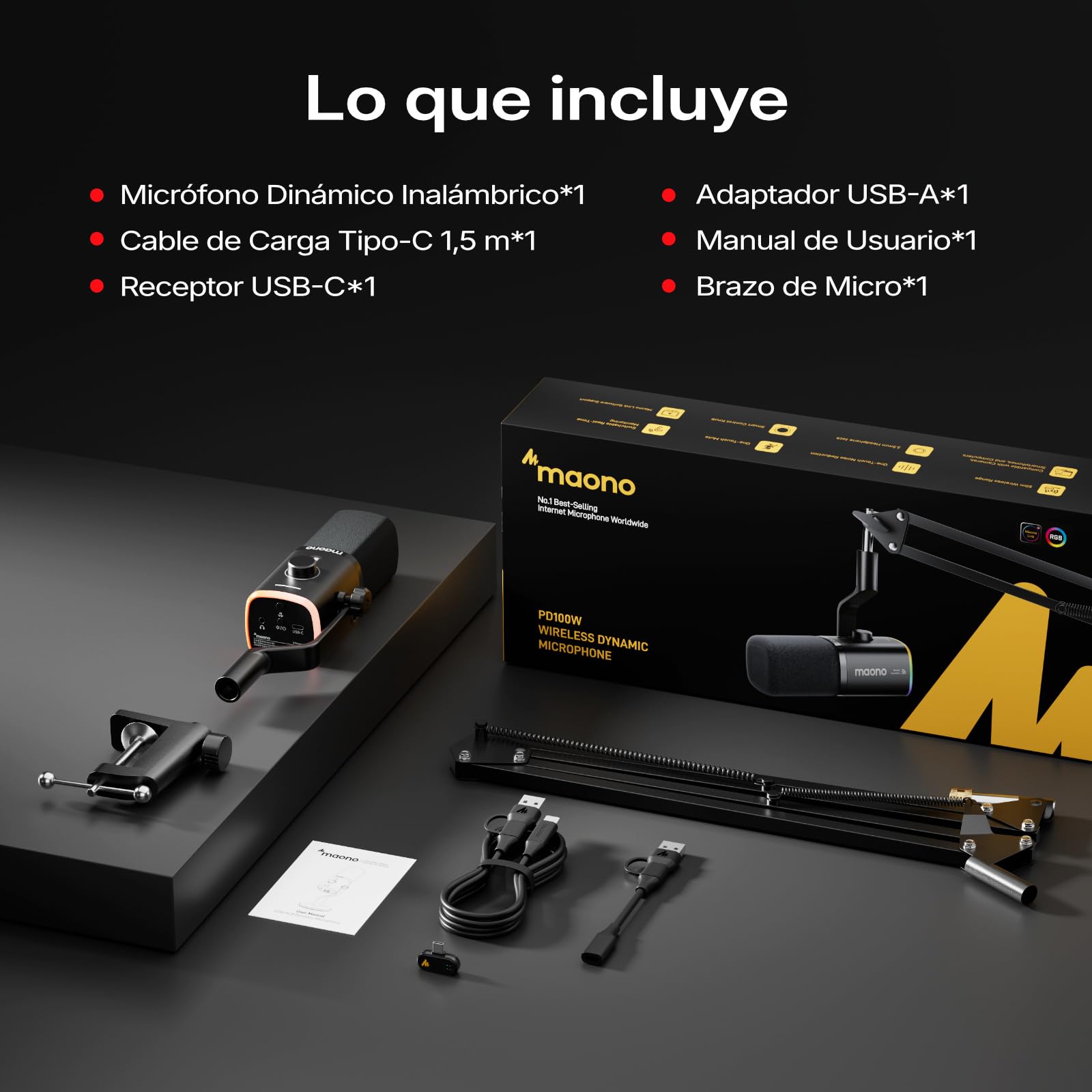MAONO PD100WS Micrófono Gaming Inalámbrico para PC, Micrófono Dinámico USB con Brazo, 3 Niveles de Reducción de Ruido, RGB, Botón Mute & EQ por Software para Streaming, Podcast & Grabación, Negro
