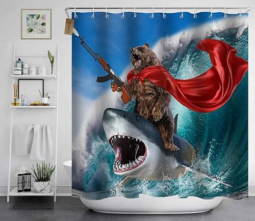 Miniatura 3 de Juego de 4 cortinas de ducha divertidas con diseño de oso de oso en olas oceánicas, decoración de baño para adolescentes y niños, cortina de ducha