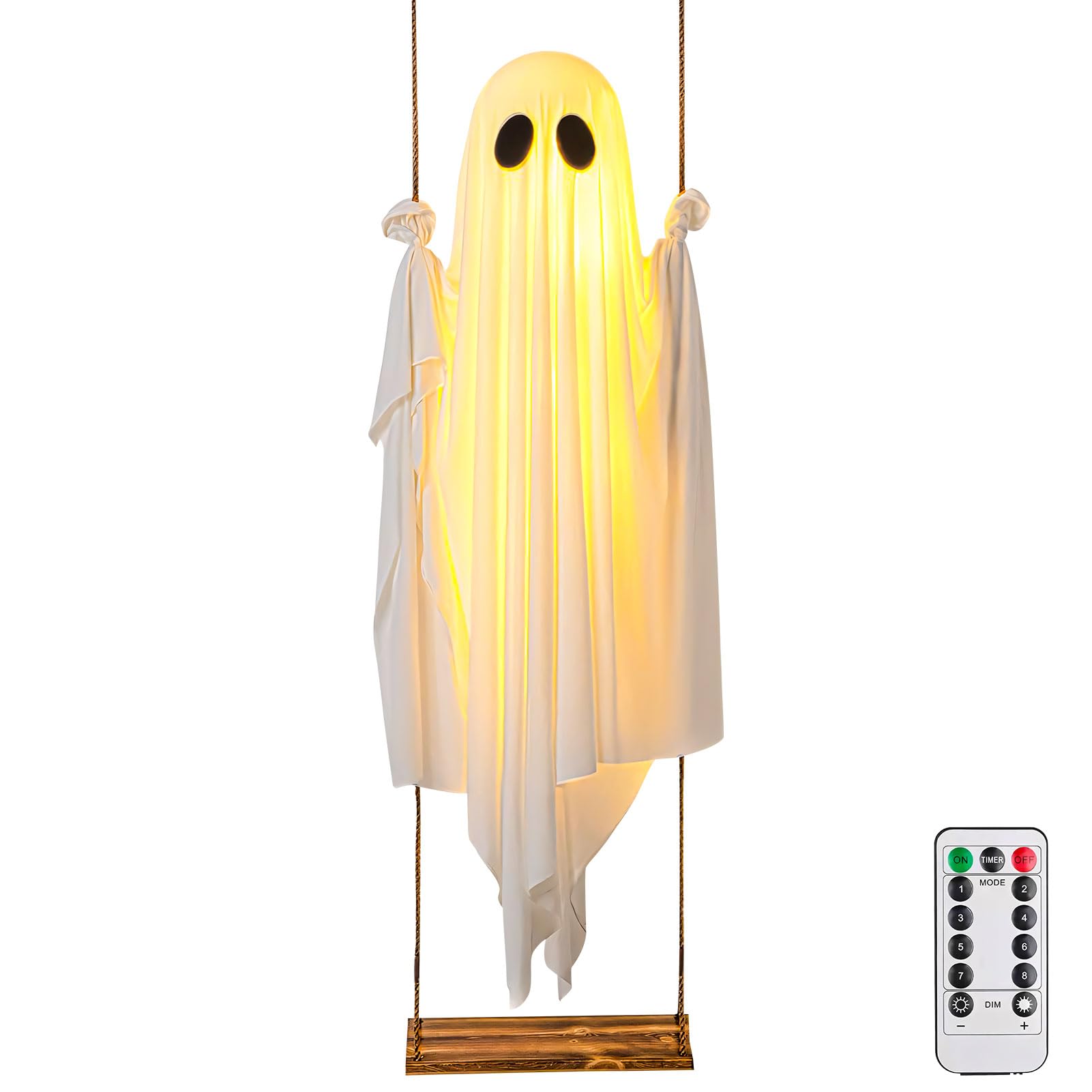 Halloween Deko Geister Hängend, 100CM Geist Deko mit Lichterkette Hängende Schaukel Geister mit Fernbedienung Halloween Deko Outdoor Gespenst mit Led Lichter Gruselige Ghost für Veranda Hof Baum (A)