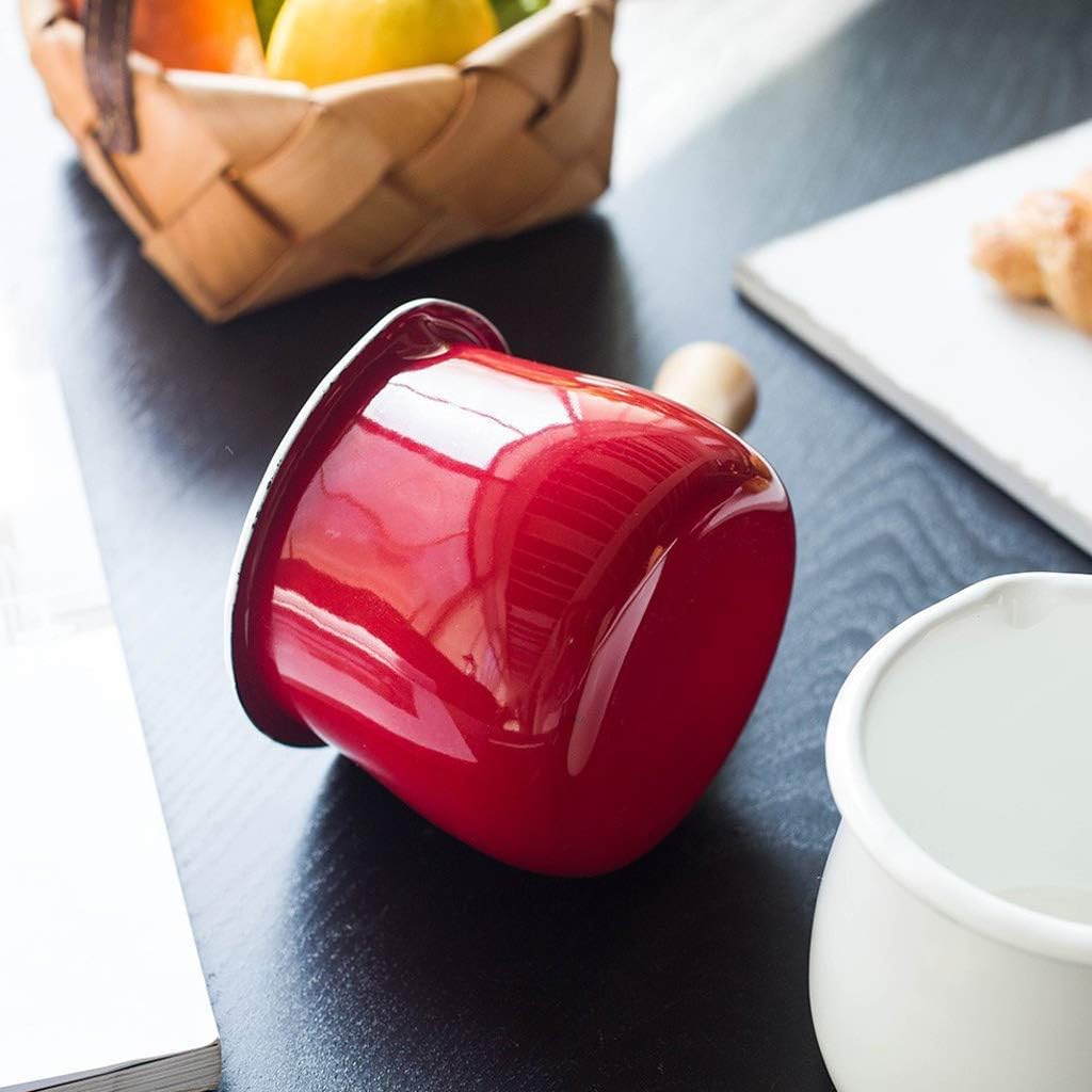 Enamel Milk Pan, Mini Butter Warmer 10cm Enamelware Saucepan Pan Cookware with Wooden Handle Perfect Size ofr Heating (Color : Red) (White)
