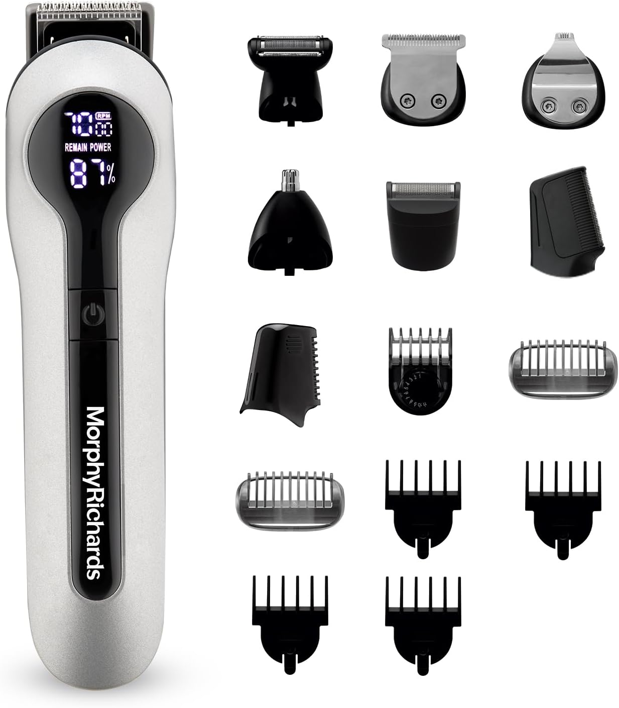 Morphy Richards Kingsman Digital 15-in-1 Men Body Groomer | All-in-one trimmer for men| Body Face Nose Ear Hair | Easy to clean blades | No Nicks & Cuts | Cord and Cordless usage | Safe for sensitive skin | Quick charging | White