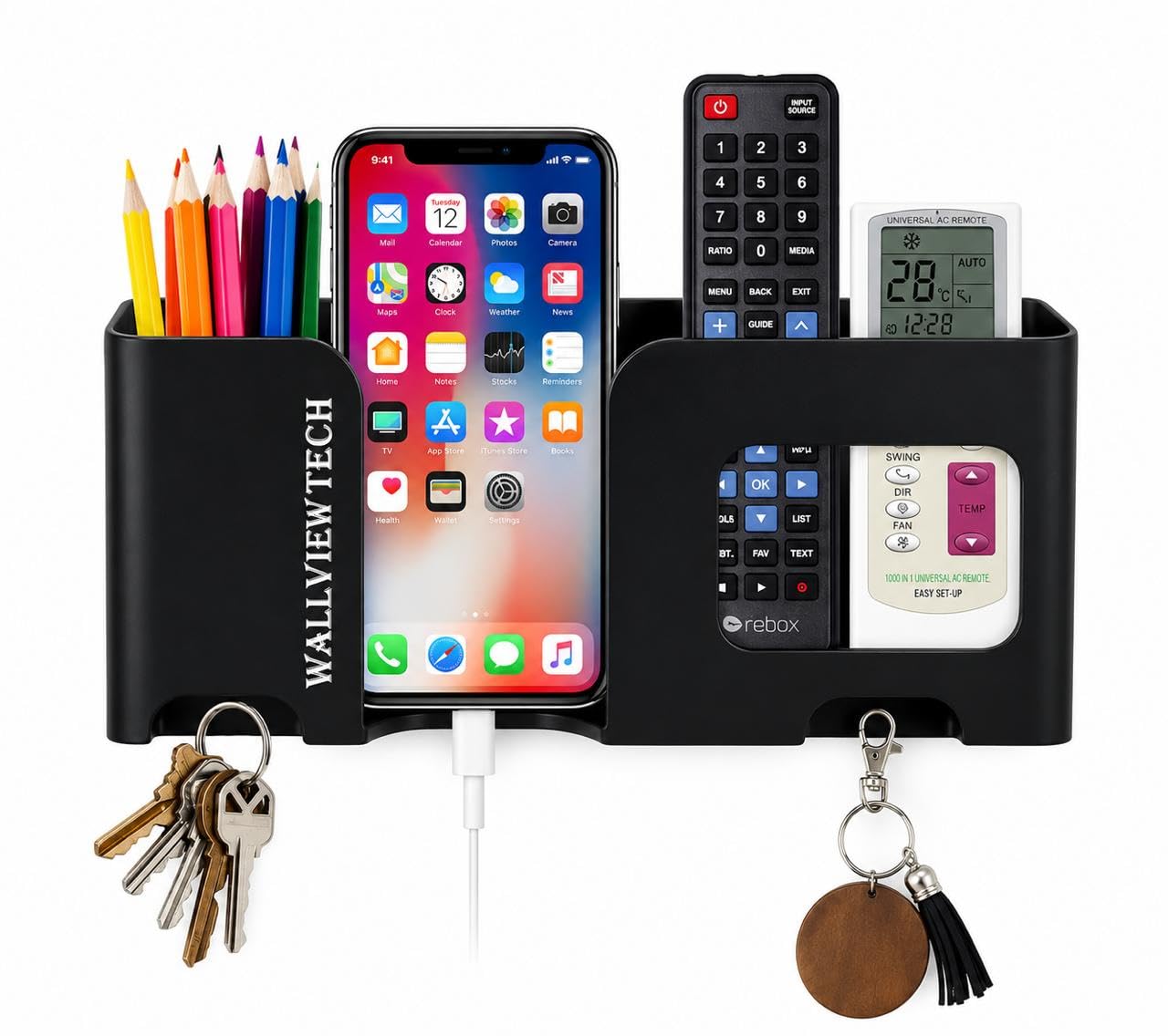 WALLVIEW TECH Wall Mount Mobile Holder | Plastic Storage Case for Ac/Tv Remotes | Multi-Purpose Wall Phone Stand for Charging | Remote Wall Organiser | Smart Stand Wall Gadget (Black)-image-6