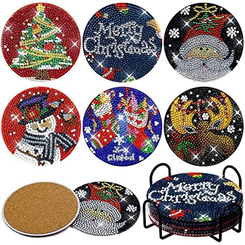 Christmas Coasters with Holder, 6 Pcs Coasters Kits for Beginners Adults Kids, DIY Christmas Coasters for Arts Craft Supplies Gift Cover