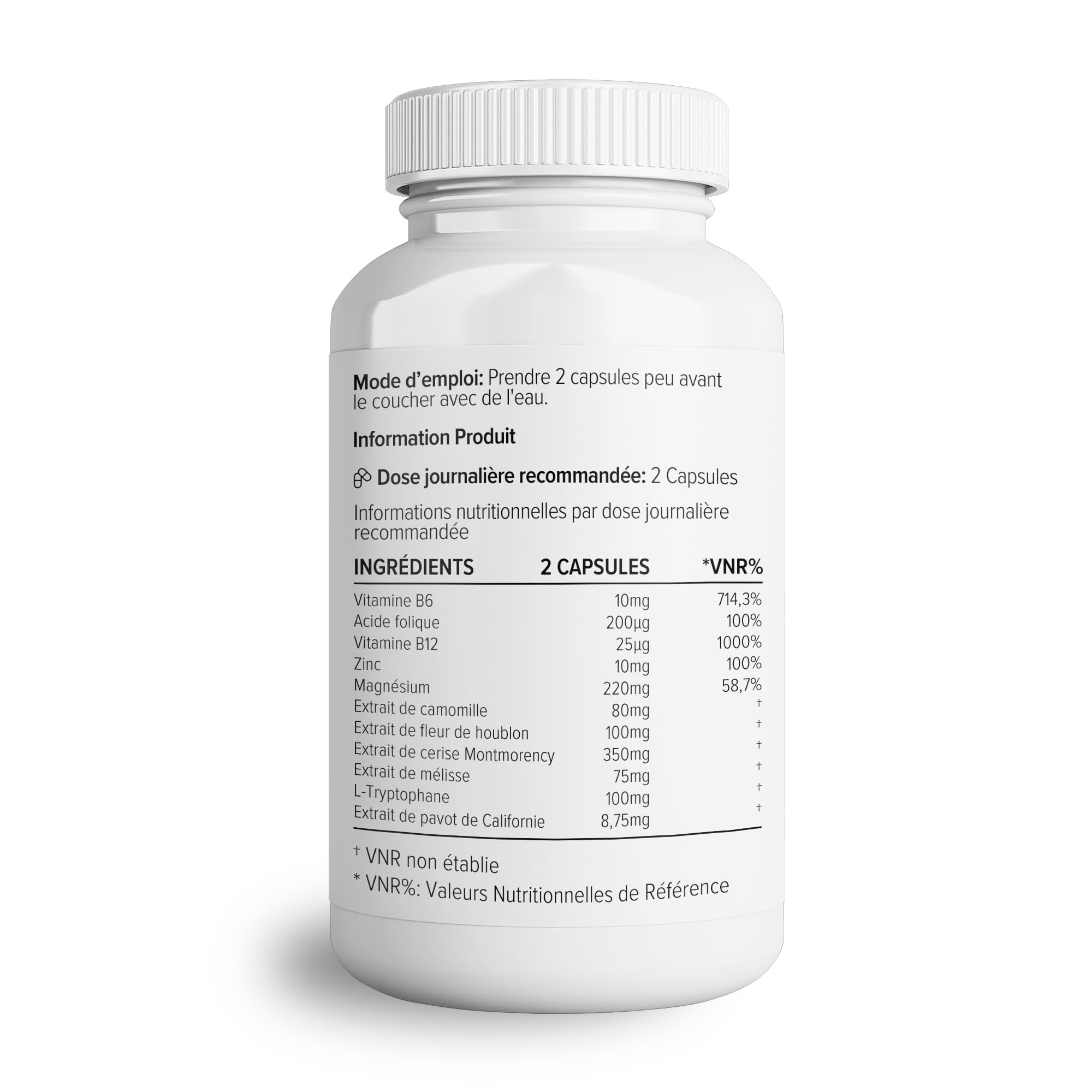 Complexe nuit de Theonia avec 100 mg L-tryptophane, camomille et Mélisse Supplément naturel pour le sommeil et la relaxation - 60 gélules, Sans OGM, Végétarien