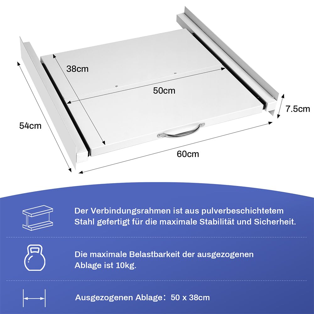 Marco de conexión de acero para lavadora y secadora, marco intermedio con placa extensible, máx. 10 kg, accesorio universal para lavadora, accesorio para secadora para cesta de la ropa (60 x 60 cm),