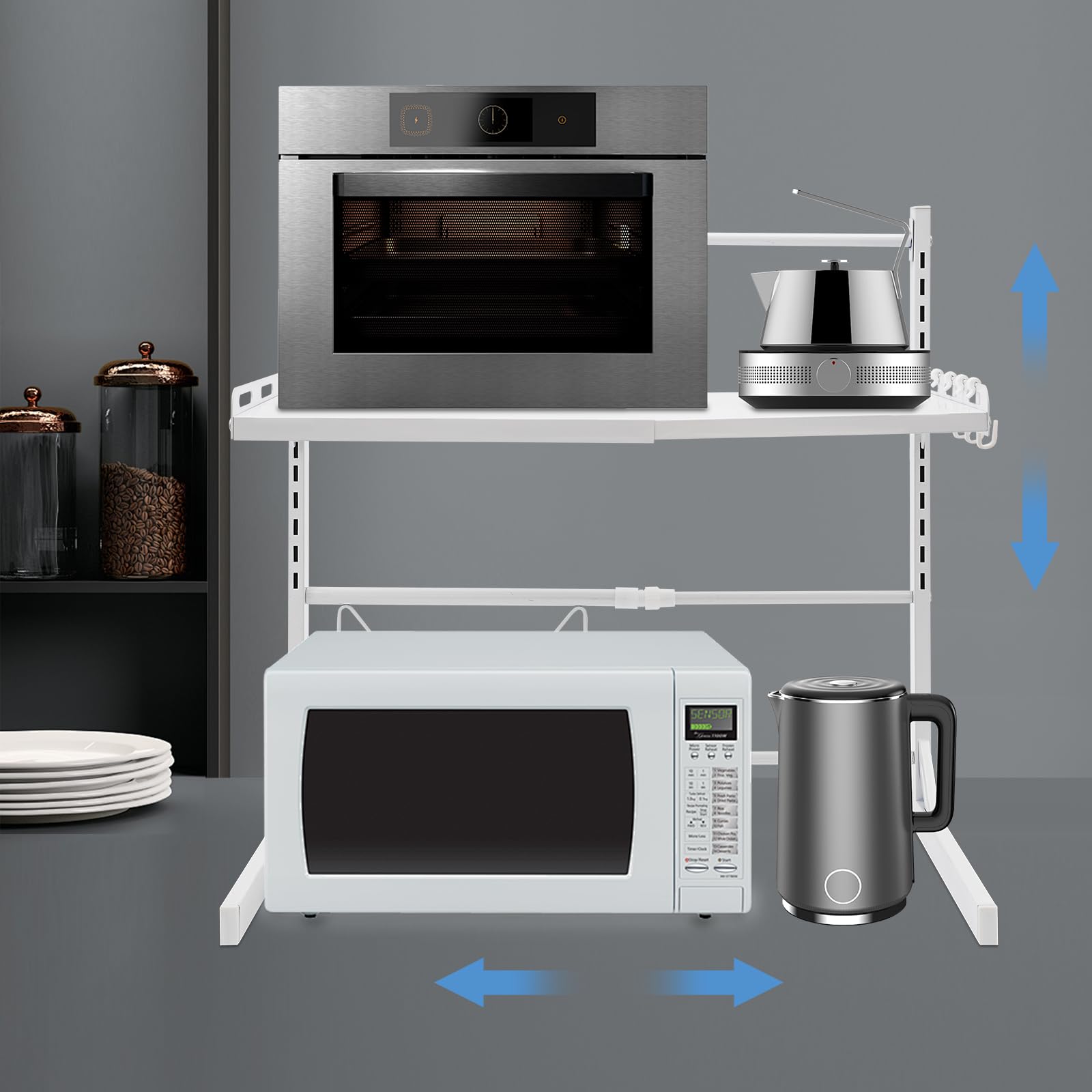 Étagère extensible pour micro-ondes avec 4 crochets, 2 niveaux, hauteur réglable de 27 à 52 cm, support pour micro-ondes, boulangerie, organisateur pour plans de travail de cuisine, blanc