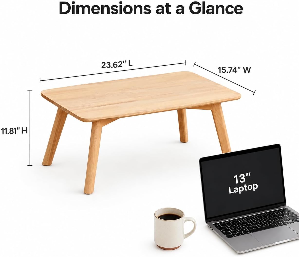 Floor Table, 11.8" H Solid Rubber Wood Low Coffee Table, Natural | For floor seating in small spaces, its rectangular design works well on rugs, beside floor cushions, and in reading nooks.