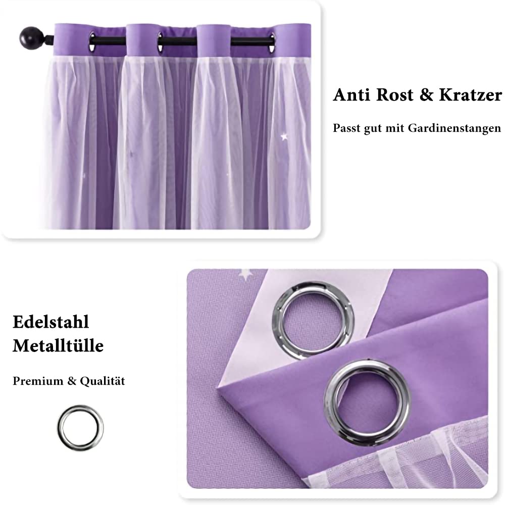 Nyescasa Verdunklungs Vorhänge Kinderzimmer Vorhang Doppellagige Gardienen mit Höhlen Sterne mit Voile Ösenschal für Wohnzimmer Schlafzimmer Mädchen Dekoschal 2er Set 244x132cm(H×B) Lila