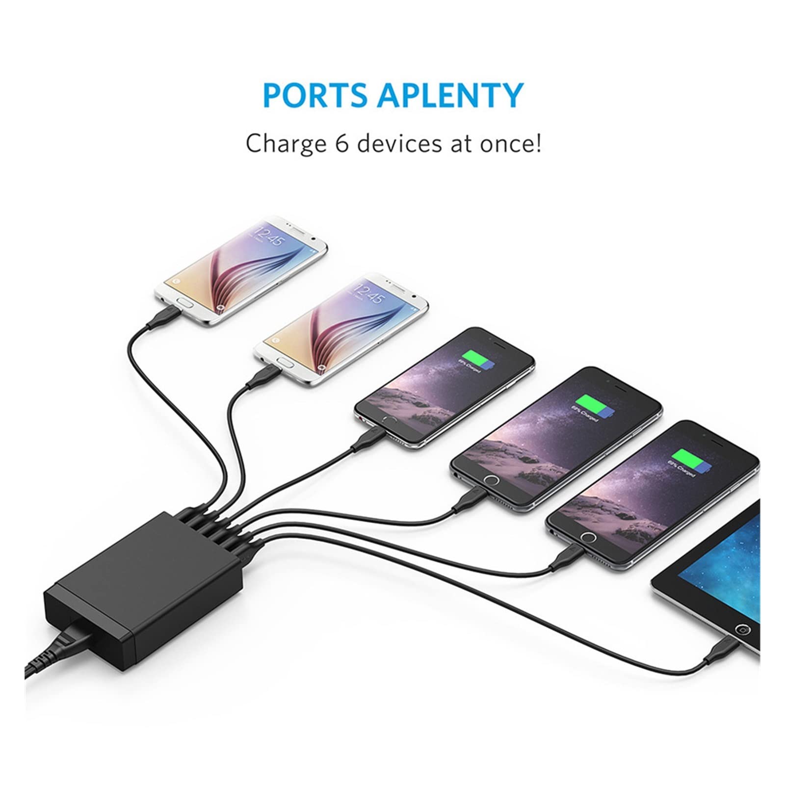 EDEDE Caricatore USB, Dock for Stazione di Ricarica con 10 Porte USB, Ricarica Rapida, con Cavo da 50 W for Caricabatterie Multi USB, hub for Caricabatterie da Parete Veloce da Viaggio(Black 6 USB)