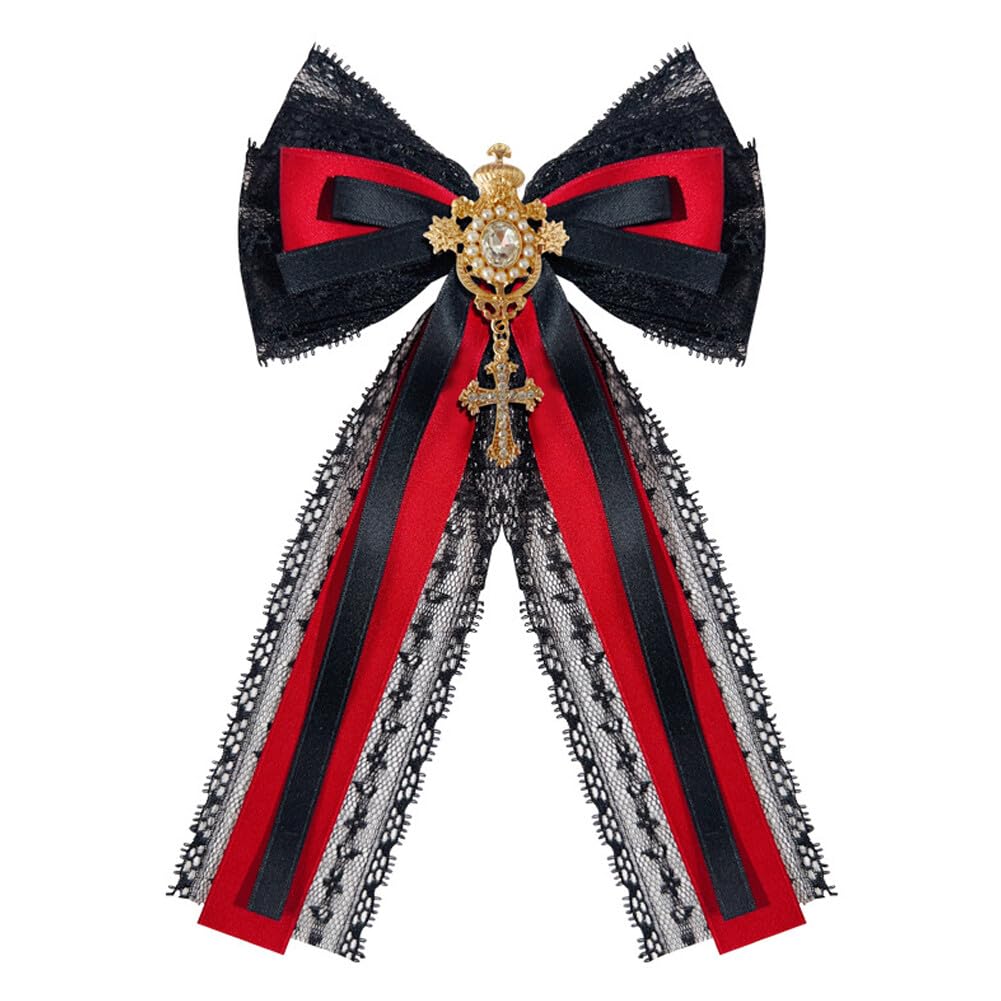 Lace Ribbon Bow Tie Brooch Rhinestone Pearl Necktie for Girl Women Fashion jabot collar brooch pins Pre-Tied Corsage