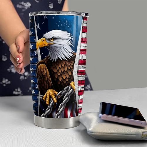 Miniatura 6 de SANDJEST Vaso personalizado de la bandera estadounidense de águila, vasos aislados de 20 onzas y 30 onzas con tapa, taza de viaje para café, para