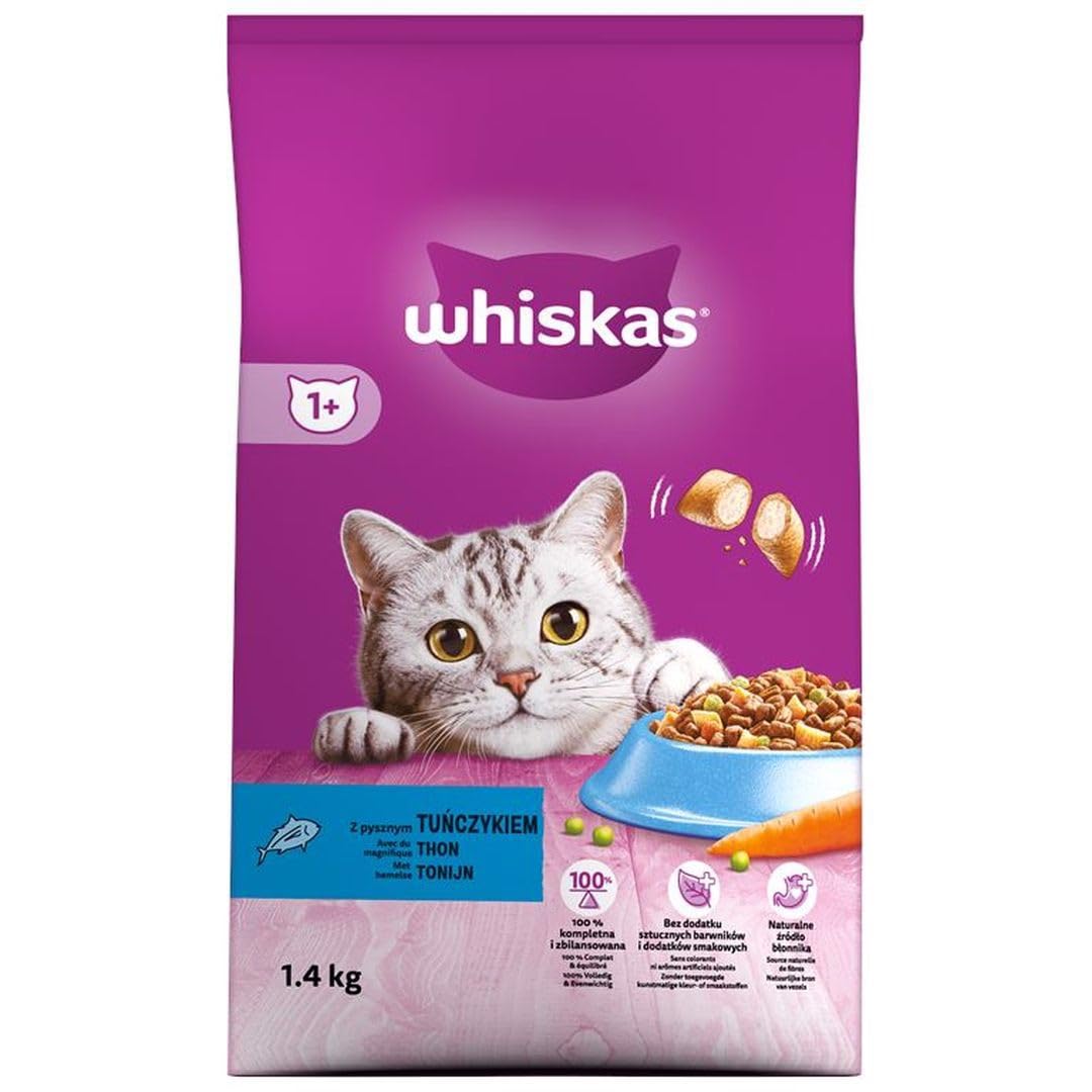 Whiskas Adult 1+ Alimento seco para gatos con atún, 2 bolsas, 2 x 1,4 kg, alimento seco de alta calidad para gatos adultos a partir de 1 año, diferentes envases de productos disponibles