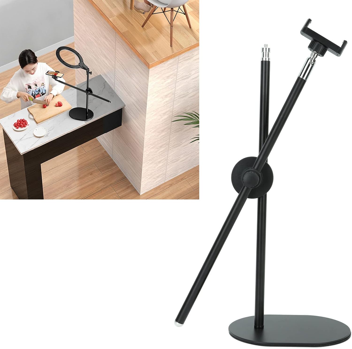Overhead Phone Mount, Video Recording Multiangle Adjustable Telescopic Soft Cushion Arm Cellphone Holder Tabletop Live Stream Clamp Stand
