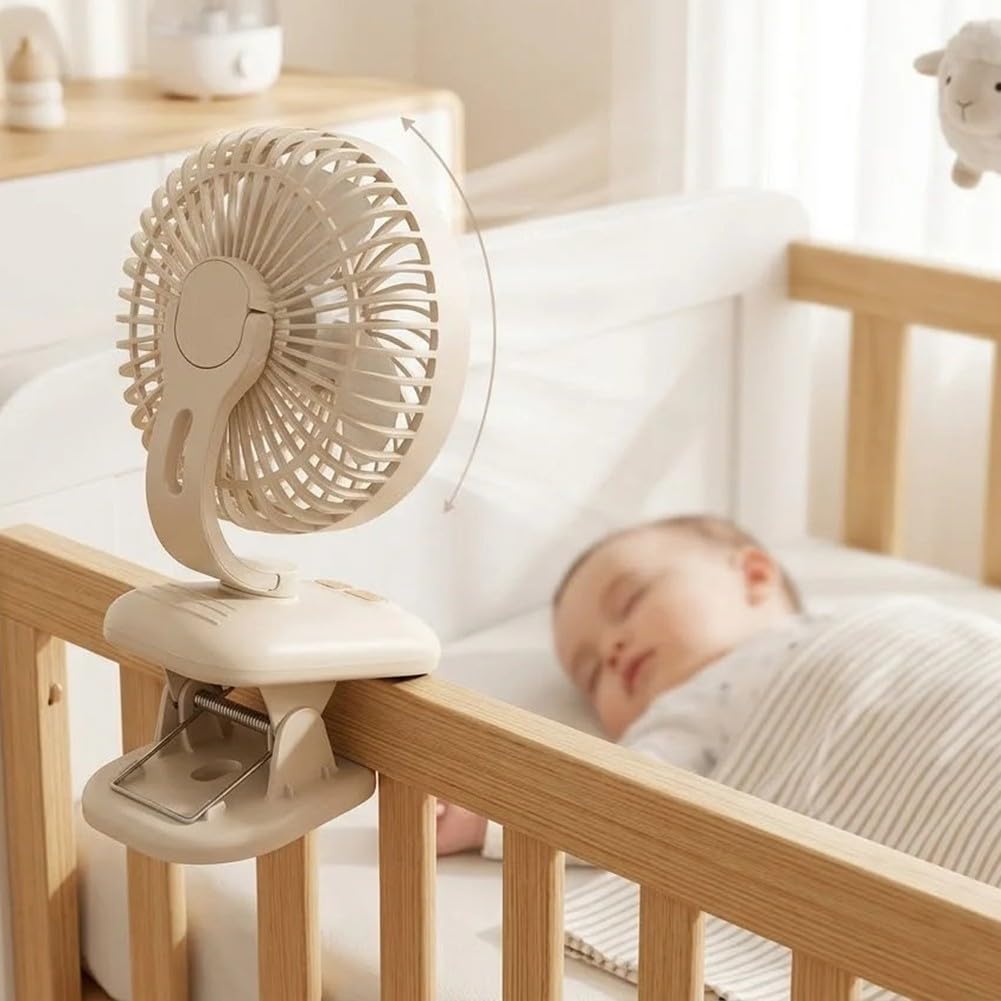 Tragbarer Ventilator zum Anklippen, wiederaufladbarer, oszillierender Schreibtisch-Kinderwagen-Ventilator mit 120 ° automatischer Schwenkung, 4 Geschwindigkeiten, USB-C-Ladung, leiser ABS-Zirkulator