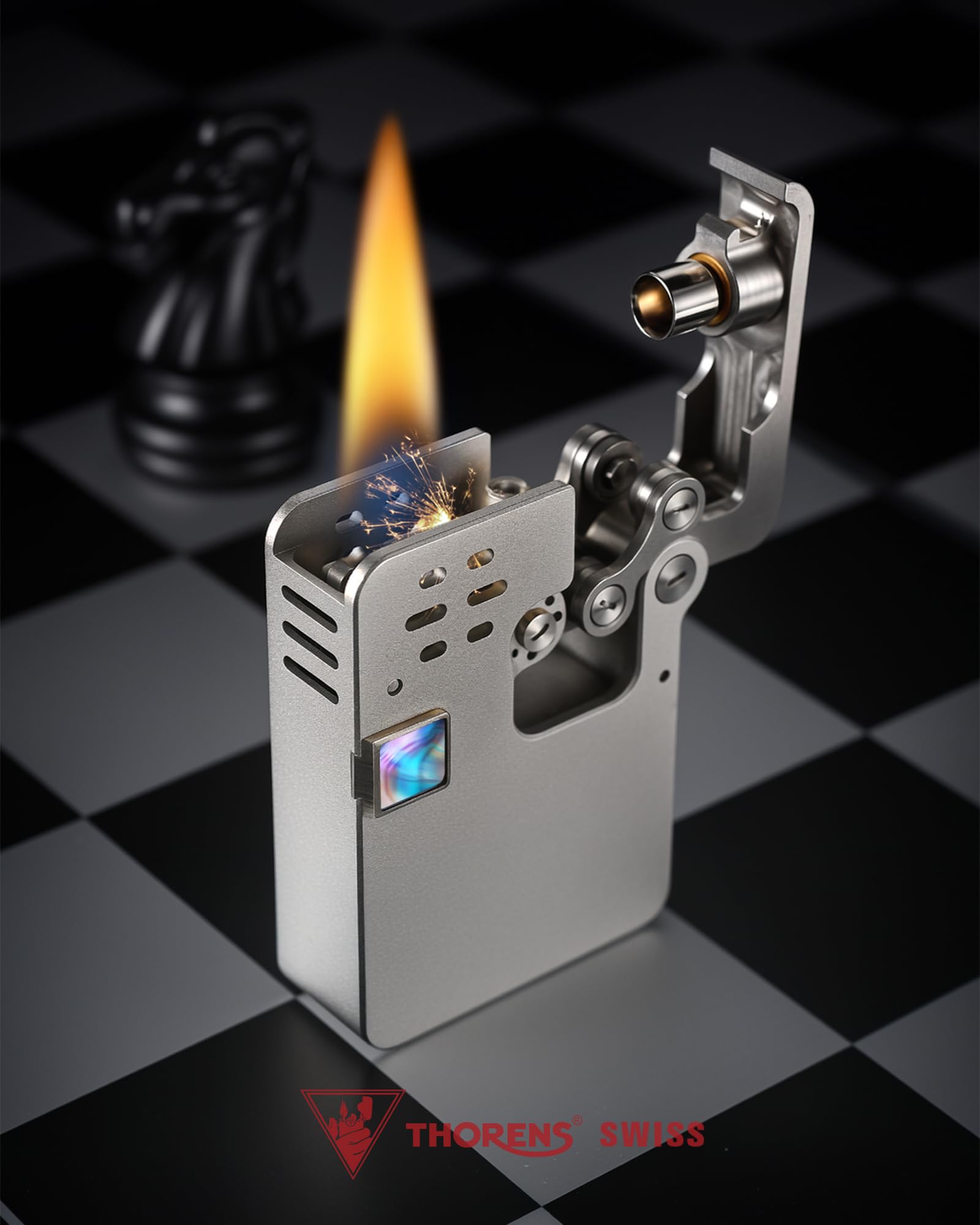 Klassisches Feuerzeug mit seitlichem Schieber, Kerosin, Messing, langlebig, mechanisches Aussehen, trifft Eleganz, Thorens, auswerfbare automatische Zündung, Legierung, Schleifscheibe, Geschenk für
