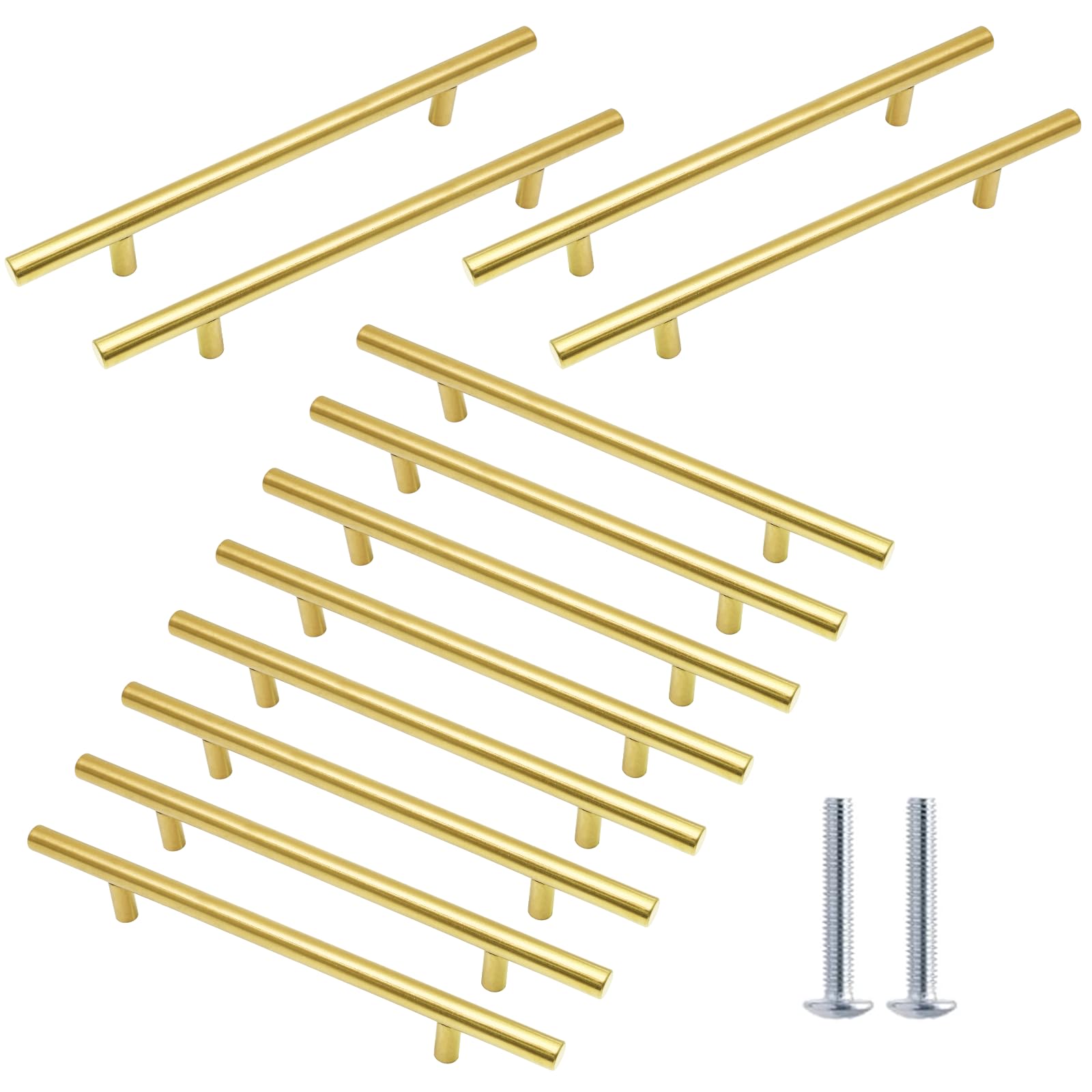 Cjueiom 12-Pack Gold T Bar Cupboard Handles - 160mm Hole Center, Stainless Steel, 250mm Length - for Kitchen Bedroom, Wardrobe & Drawer