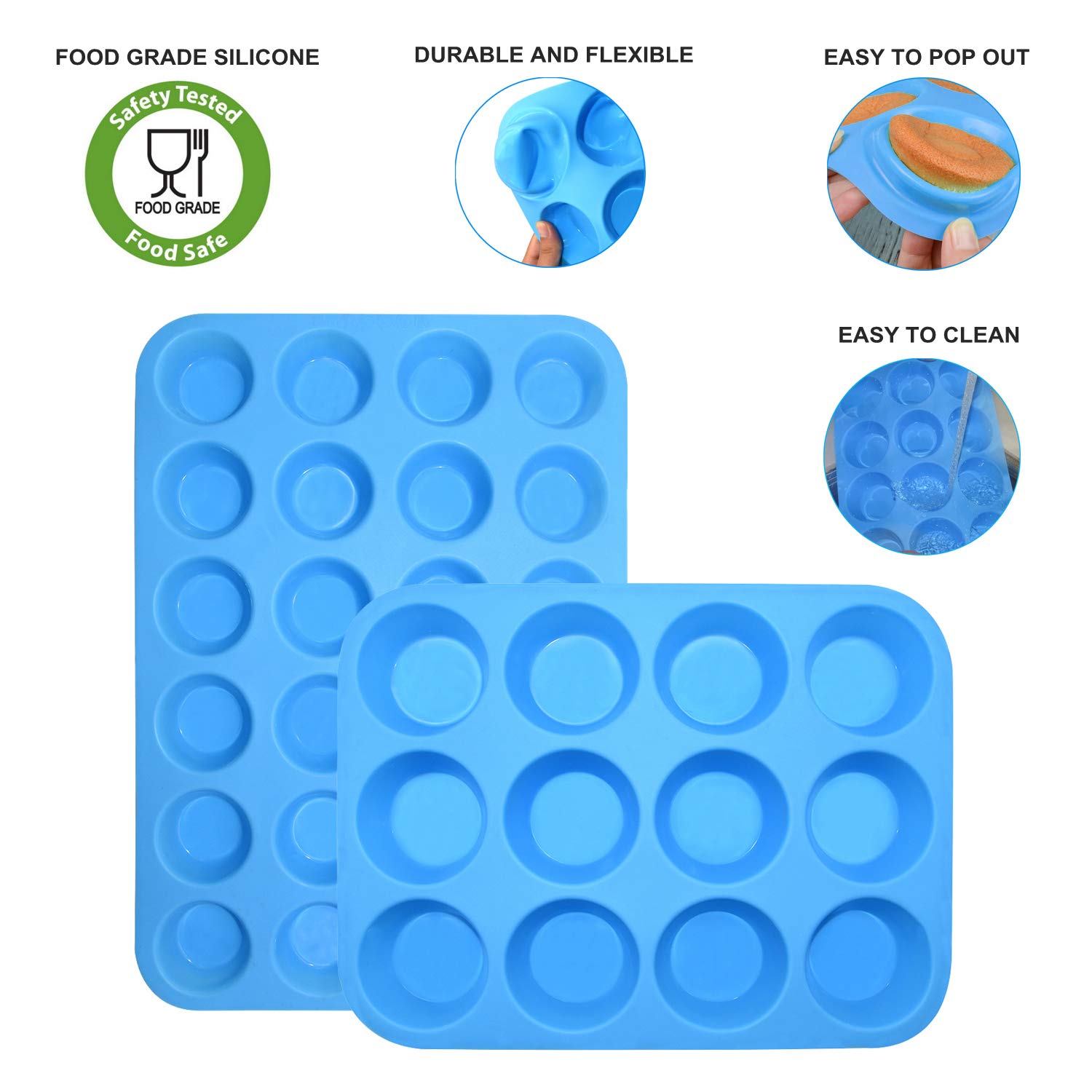 Silikon Muffinform Set - Regular 12 Tassen und Mini 24 Tassen Muffin Cupcake Backform, Cupcakes, Lebensmittelqualität Silikon Muffinformen mit 1 Silikon Spatel & 1 Ölpinsel (Blau)
