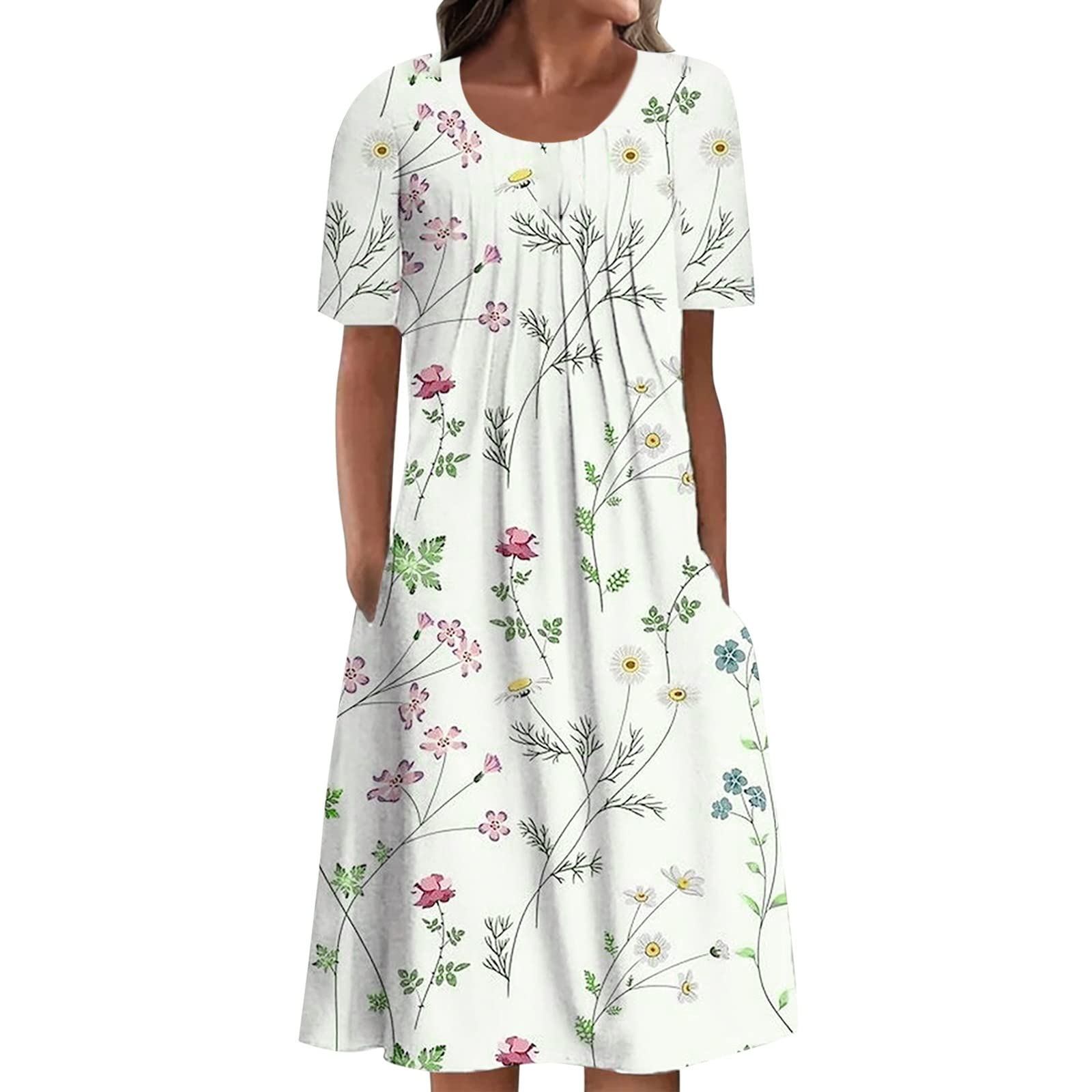 KulywonWomen's Casual Round Neck Pocket Short Sleeve Floral Print Chest Pleated Dress Flare Dress