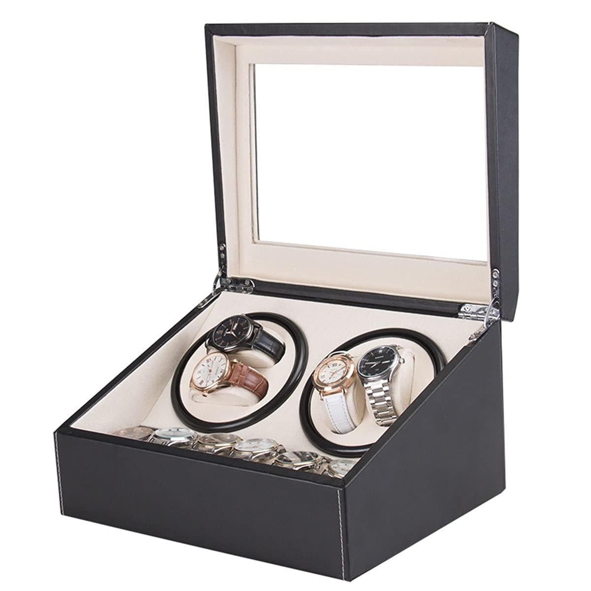QUSYZD Watch Boxes Automatic Winder with 4 Silent Engine Watch Winding Box+ 6 Flexible Watch Pads Leather Storage Case,Blackone-A