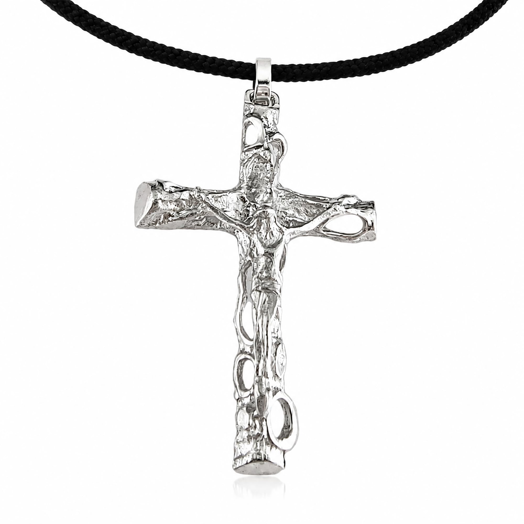 Gioielli Aurum Collana con Croce Crocifisso in Argento 925 e Cordino Nero, Ciondolo Religioso Uomo Donna, Design Lavorato