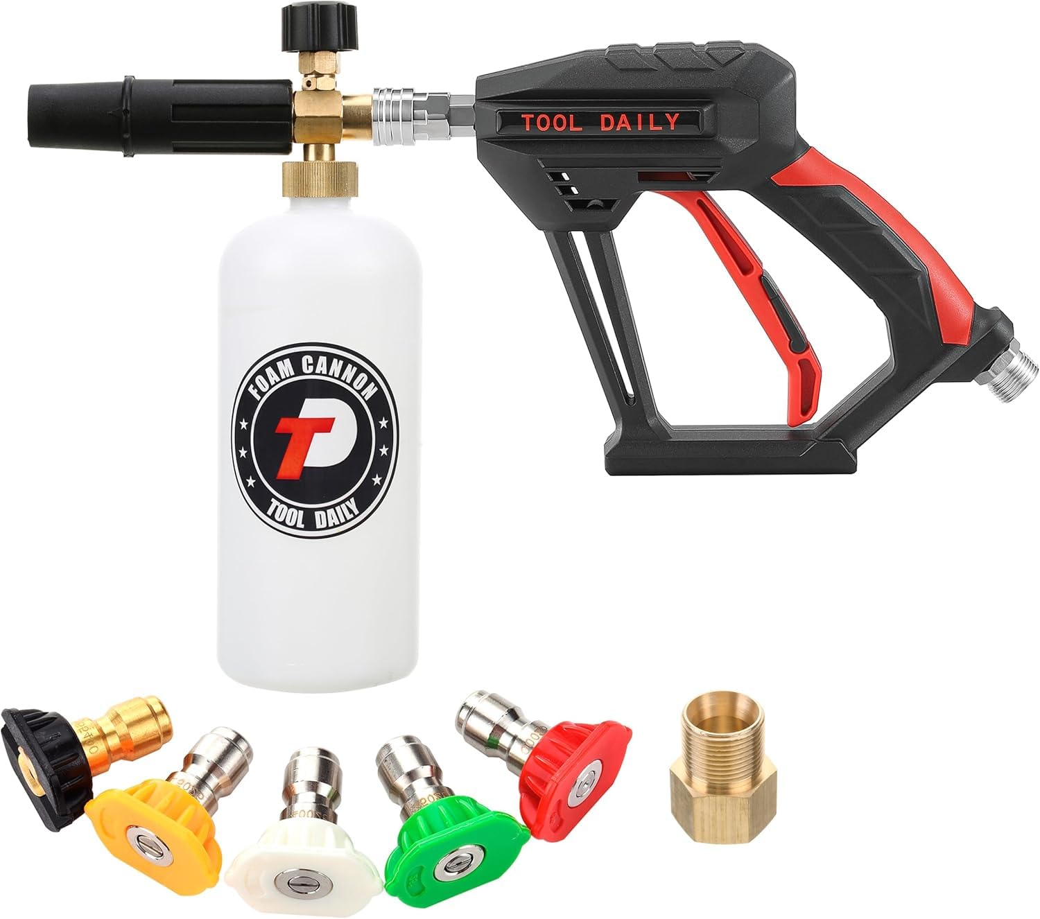 Tool Daily Pistolet Haute Pression avec Canon à Mousse, Raccord Rapide 1/4" | 5 Embouts de Buse de Pulvérisation à Angles Multiples, Lance à Mousse 1 L, Pistolet Court de Lavage, Raccord M22 14mm ou 15mm