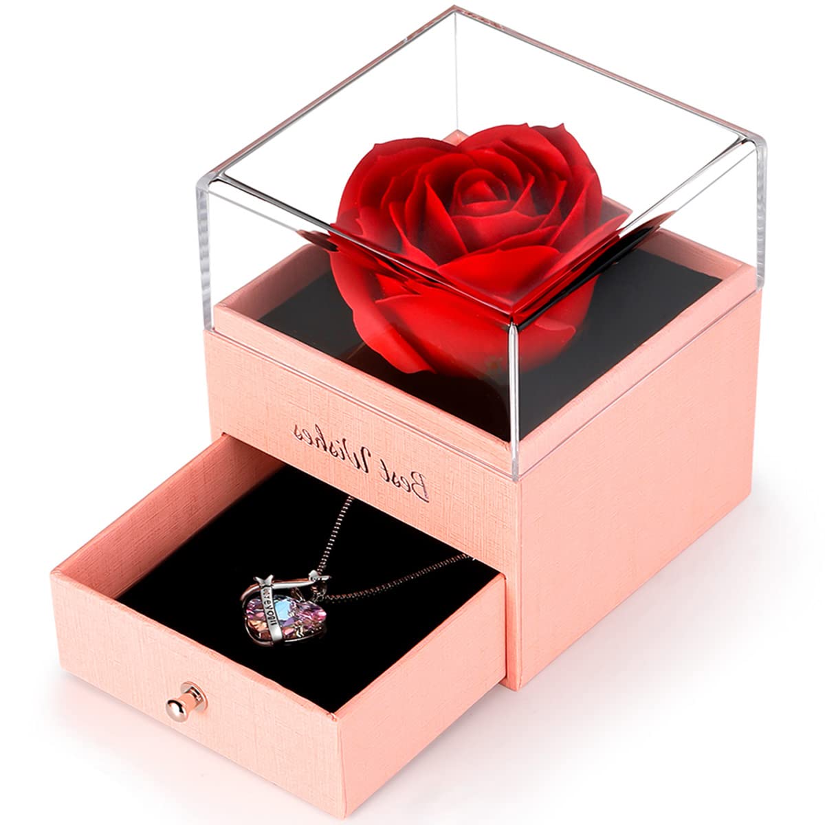 WUJOMZ Preserved Red Rose with Butterfly Necklace, Stocking Stuffers for Women, Gifts for Her, Mom, Grandma, Nana, Sister, Best Friend