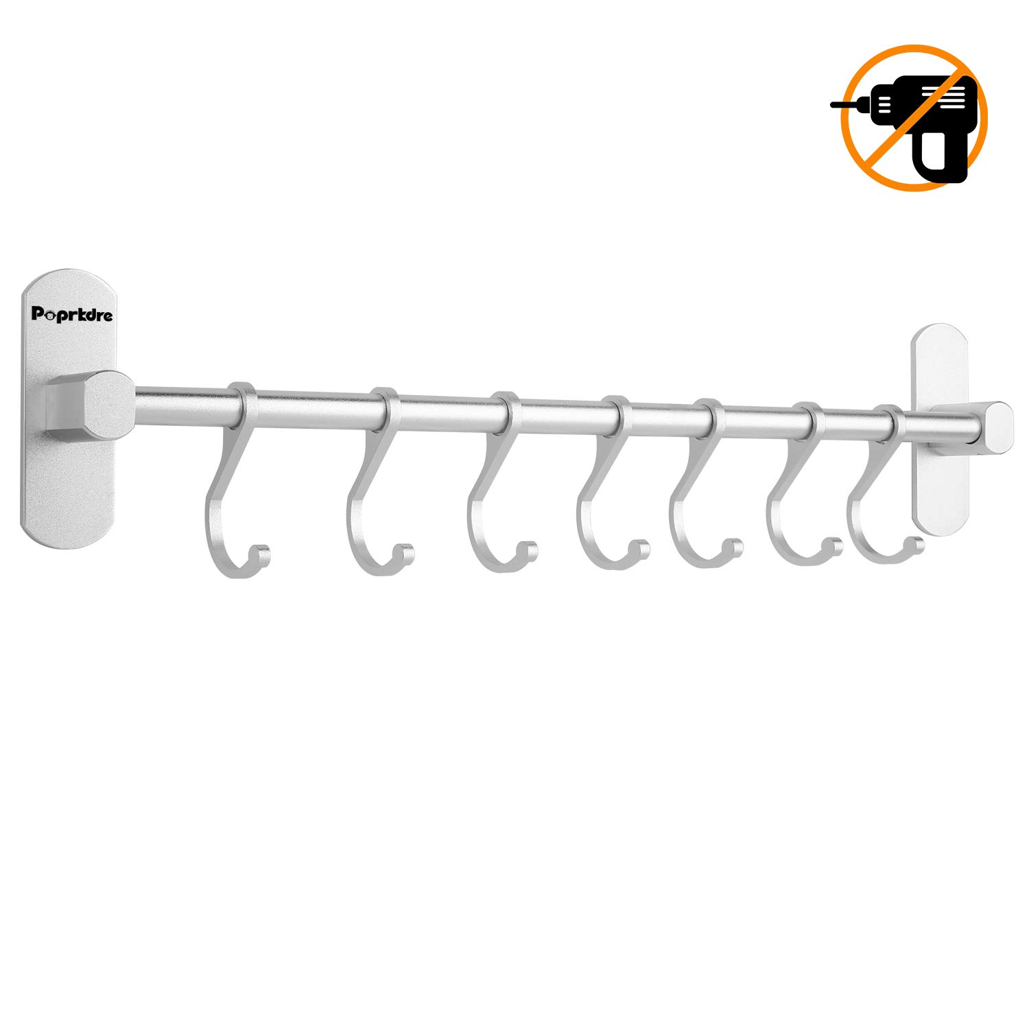 Porta Utensili da Cucina con 7 Gancio, 40cm Barra Portautensili Cucina,Porta Mestoli da Cucina per Gadget da Cucina/Pentola/Mestolo, Alluminio, Argento opaco