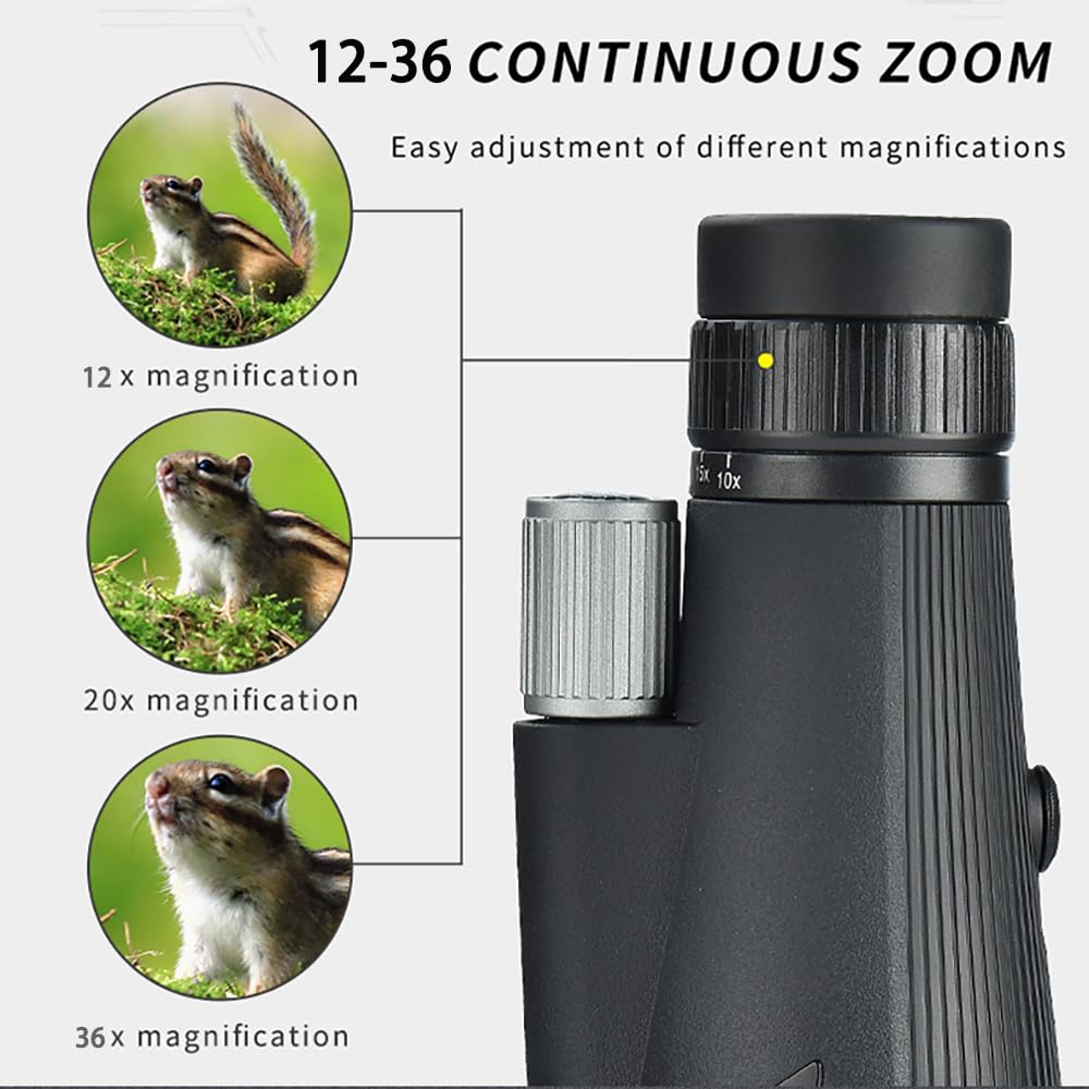 Télescope monoculaire 12-36 x 60 ED Zoom monoculaire (oculaire 24 mm + objectif 60 mm) étanche avec prisme BAK4 et lentille FMC avec adaptateur et trépied pour escalade, jeux de balle, observation des
