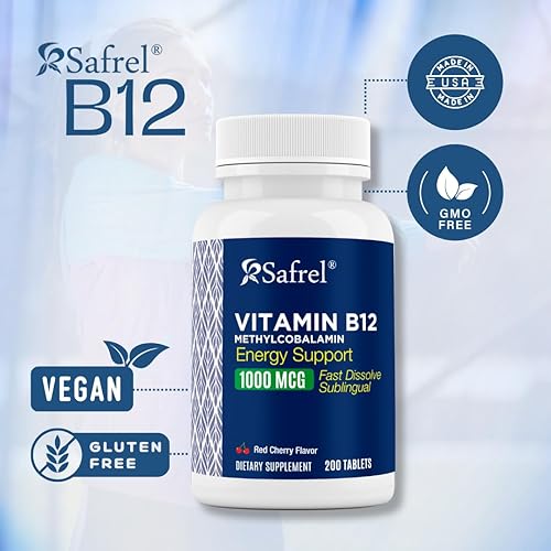 Miniatura 2 de Safrel Vitamina B12 1000 mcg de metilcobalamina, 200 tabletas de disolución rápida, fácil de tomar sabor a cereza B12 sublingual, suministro para