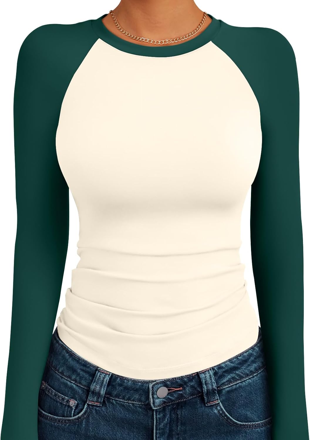Trendy Queen Women's Long Sleeve Shirts Slim Fit Stretchy Color Block Slightly Cropped Tops