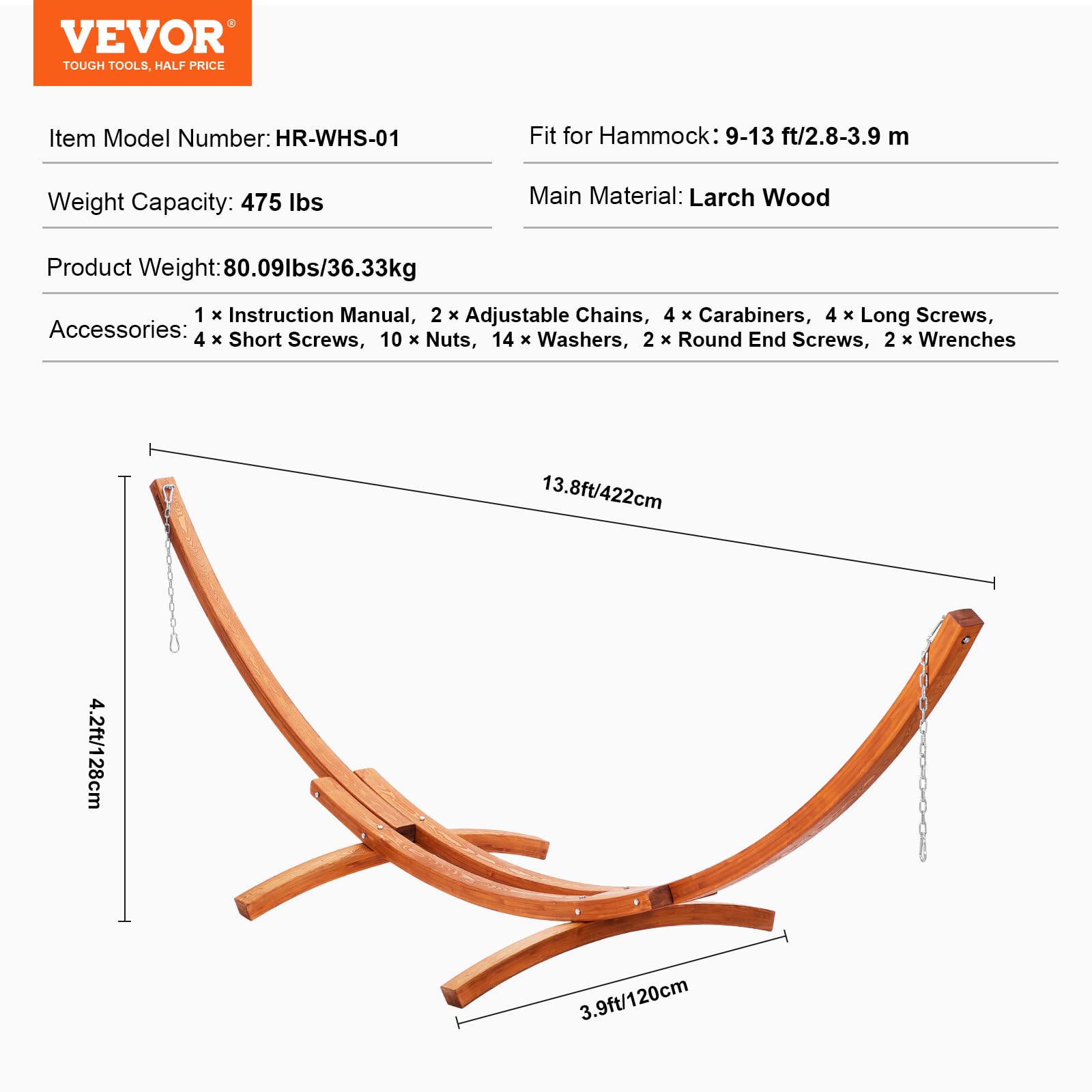 VEVOR Support de Hamac en Bois, Charge 215 kg, Cadre Universel pour Hamacs 2,8-3,9 m, Réglable