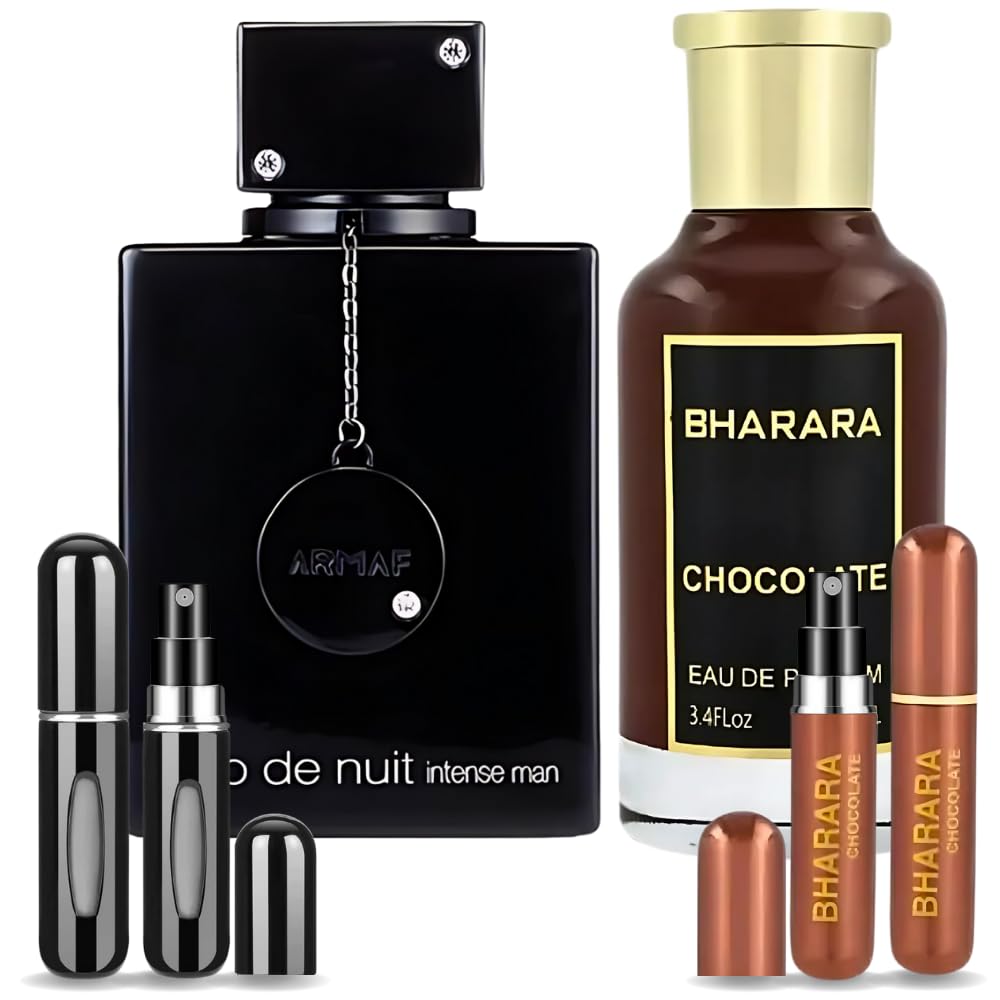 Men's Bundle Club De Nuit Intense Man 3.6oz EDT & Chocolate Bharara 3.4oz EDP & 2 Empty Travel Perfume Atomizer Gift -Spicy Woody Sweet-Long Lasting for Men