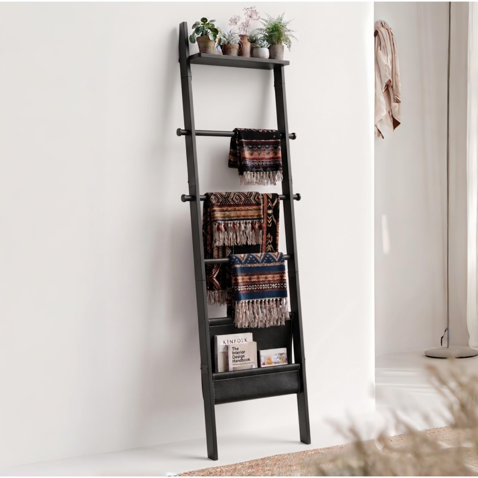 BAMBANG 71" 4-in-1 Blanket Ladder for Living Room, 5-Tier Leaning Bamboo Decorative Towel & Quilt Rack with Magazine Leather Pocket, 4 Removable Hooks, Space-Saving Shelf for Bedroom (Black)