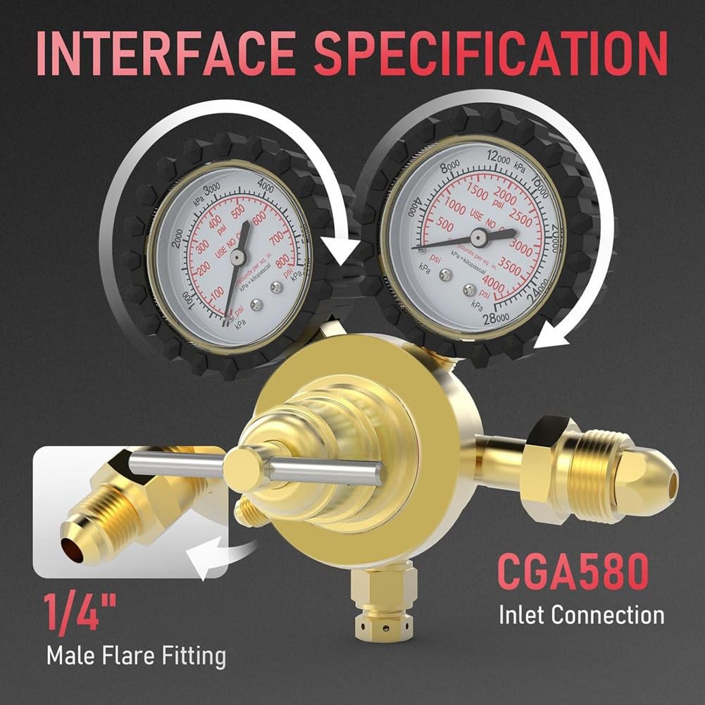 Regolatore di Azoto+Tubo Flessibile, Pressione di Uscita 0-800 PSI e 0-4000 PSI, Connessione di Ingresso CGA580 e Raccordo Svasato da 1/4 di Pollice