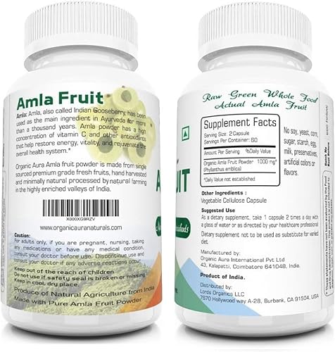 Miniatura 2 de Cápsulas AMLA. 1000 mg por porción, 120 cápsulas vegetales. Vitamina C natural y antioxidantes. Superalimento entero verde crudo. Todo natural,