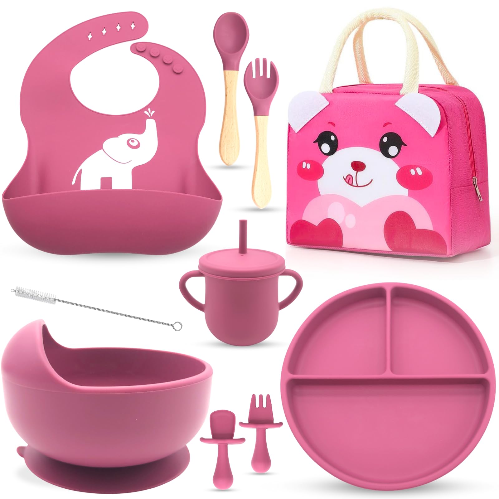 Zestify 10 Pcs Baby Weaning Set with Portable Lunch Bag | Silicone Feeding Essential | Bib, Sippy Cup, Fork, Spoon & Bowl | Microwave & Dishwasher Safe Baby Feeding Set | Ideal Baby Gift | Rose Pink