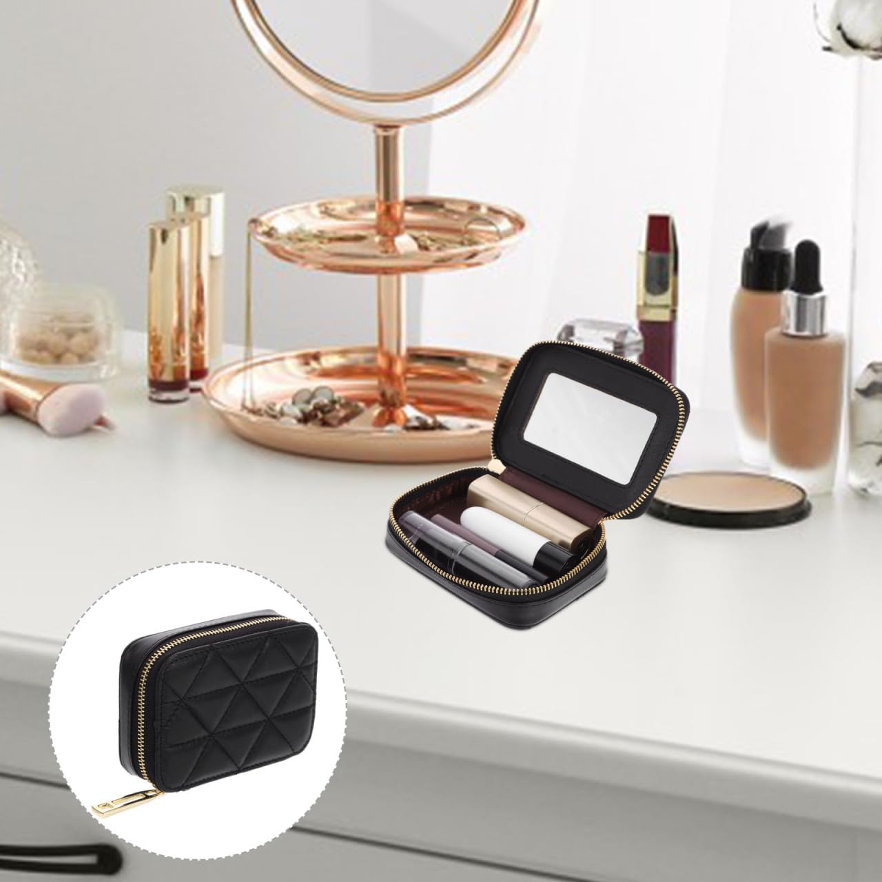 Hemoton Lipstick Mirror Makeup Bag with Compact Travel Pouch 4.13X2.95X1.37In Portable Lipstick Holder for Women Cosmetic Organizer with Built-in Mirror - Image 6