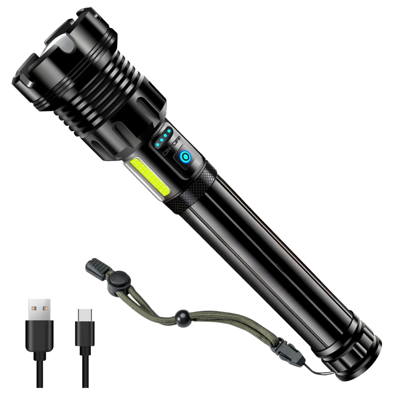Latarka taktyczna LED, 4000 lumenów, wysoka ładowalna latarka, lampa robocza Cob, IPX6, możliwość powiększenia, bateria 10000 mAh, szybkie ładowanie USB-C, idealna do wędrówek, biwakowania, na