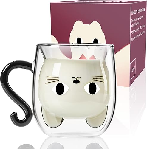 PARACITY Bonita taza de cristal de doble pared con asa, 8.5 onzas, regalos para amantes de los gatos para mujeres, regalos de Navidad y Pascua