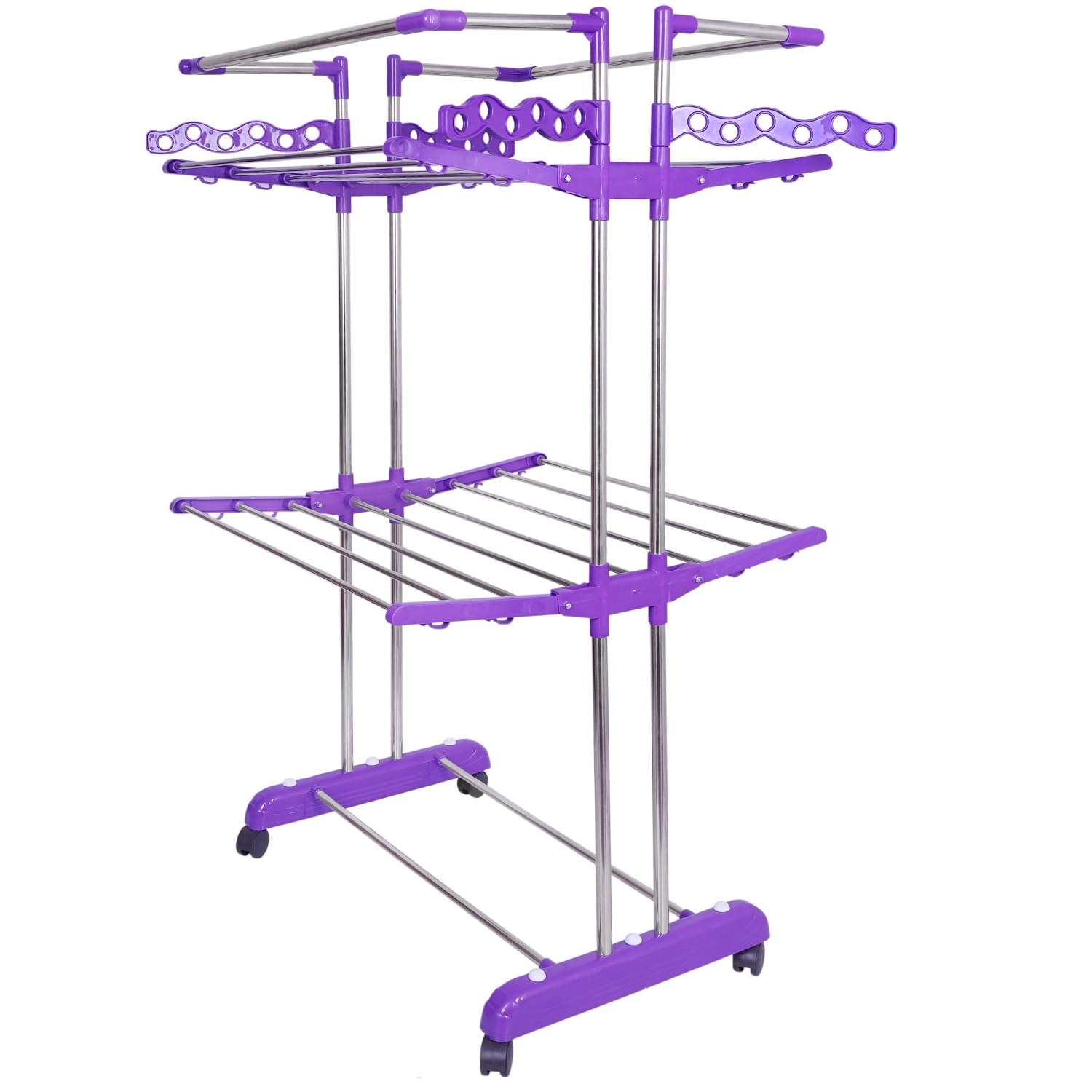 UNIZONE Large Stainless Steel Clothes Drying Rack | Foldable 2-Tier Laundry Stand with Wheels, 16 Rods & 24 Hanger Slots | Space-Saving, Rustproof Design