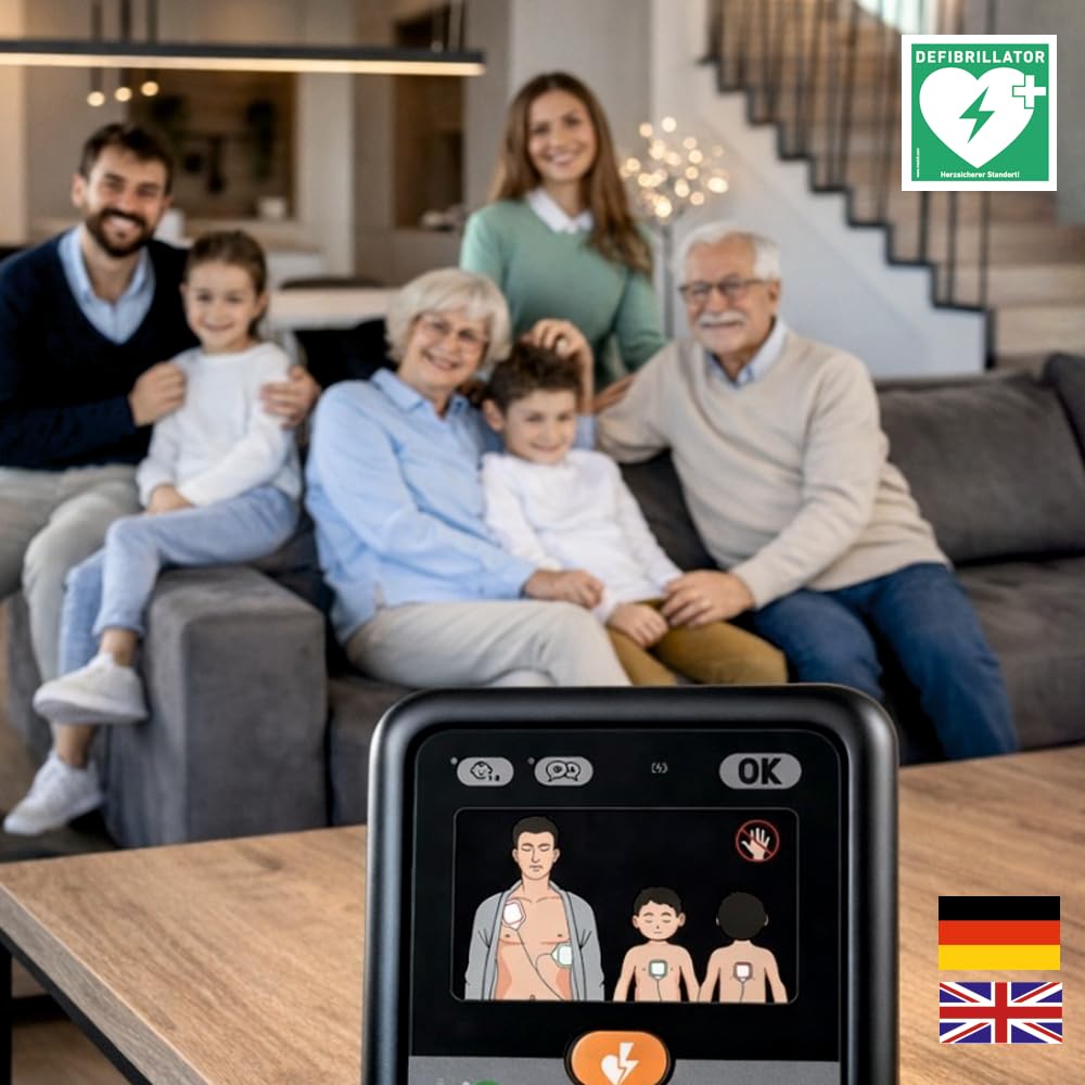 myPAD Heimdefibrillator AED für zuhause, Familie & Freizeit, 4 J. MedX5 Servicegarantie, manuelle Schockauslösung, LED-Grafik, für Kleinkinder Erwachsene, Komplettset