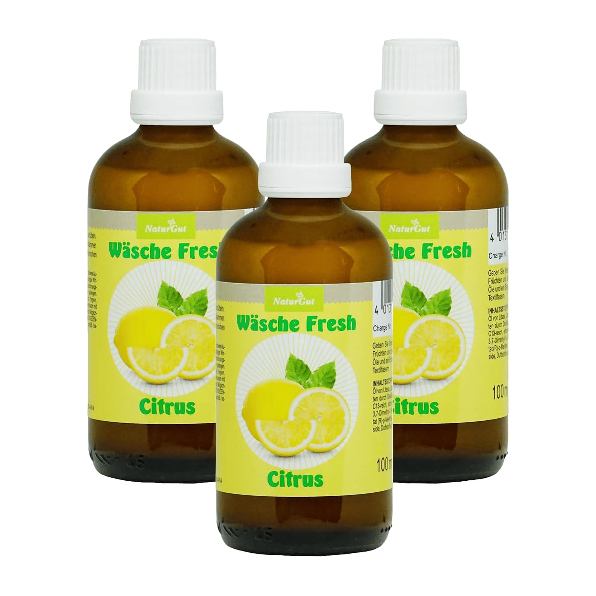 NaturGut Wäsche Fresh Citrus 3er Sparset (3 × 100 ml) – Waschparfüm mit 100% ätherischen Ölen – Frischer Zitrusduft aus Orange, Zitrone & Litsea Cubeba – Wäscheduft für Waschmaschine – Vegan