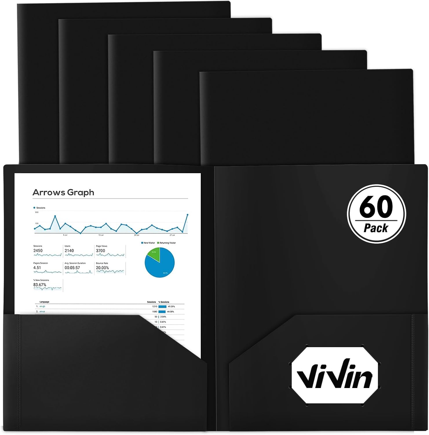ViVin 60-Pack Black Plastic Folders with Pockets, 8.5 x 11 Inch Letter Size, Modern Style, 2 Pocket Folders for School, Home, Office