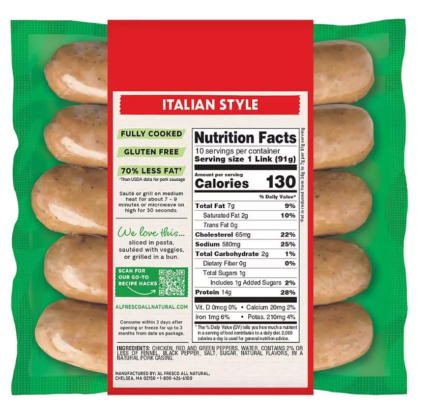 Italian Style Fully Cooked Chicken Sausage is made with chicken raised with no antibiotics ever and real ingredients you can see and taste like red and green peppers and classic Italian seasonings. With honest to goodness flavor you can turn your go-to dishes into everyday ta-das! We love our Italian Style Fully Cooked Chicken Sausage sliced in pasta, sauteed with veggies, or grilled in a bun. *No artificial ingredients, minimally processed. [ 32 oz , 2 lb ]
