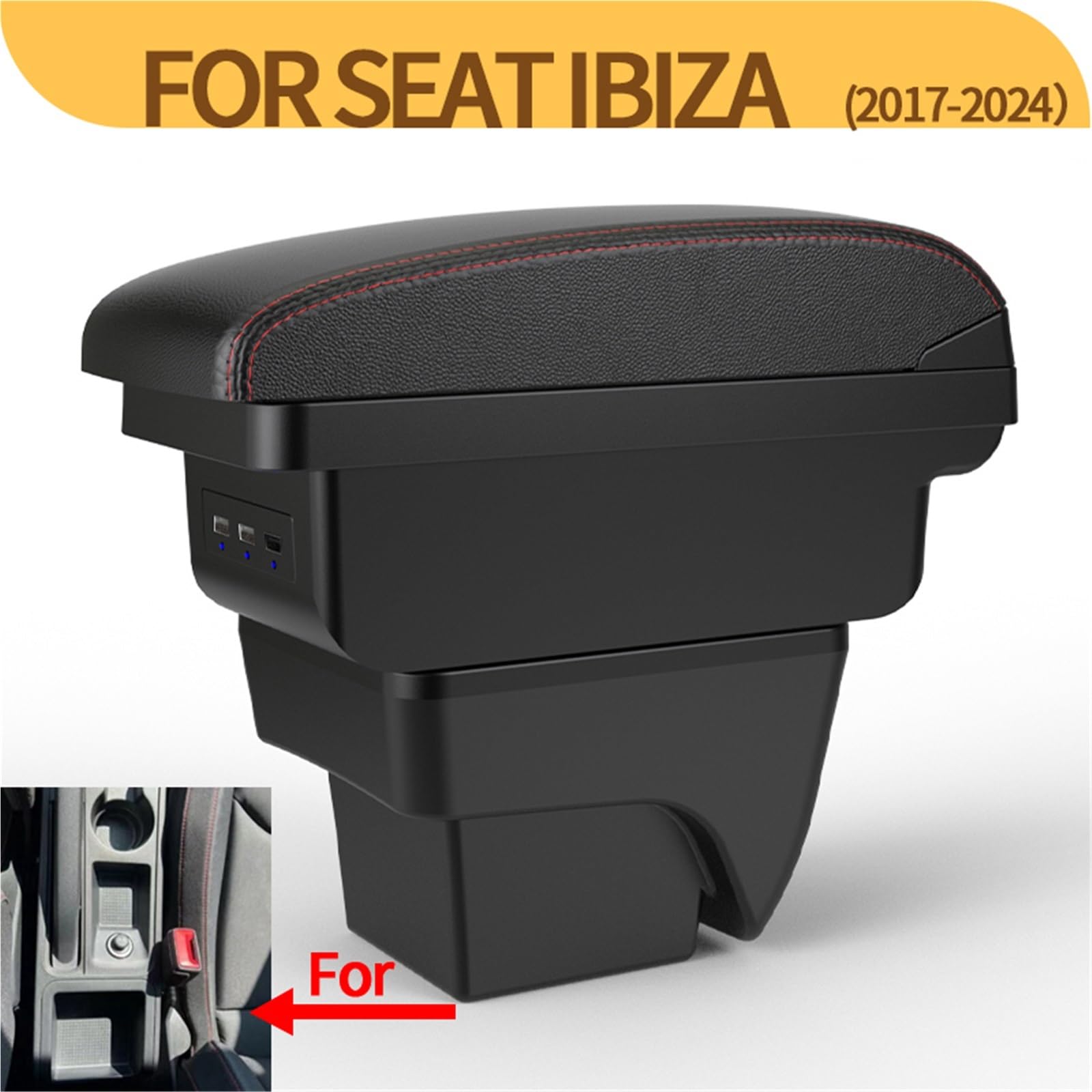 Armsteun Richter Bush Pasuje do SEAT IBIZA Modyfikacja podłokietnika samochodowego Wielofunkcyjny dwuwarstwowy schowek z ładowaniem USB Akcesoria samochodowe(B1 Black red 3 USB)