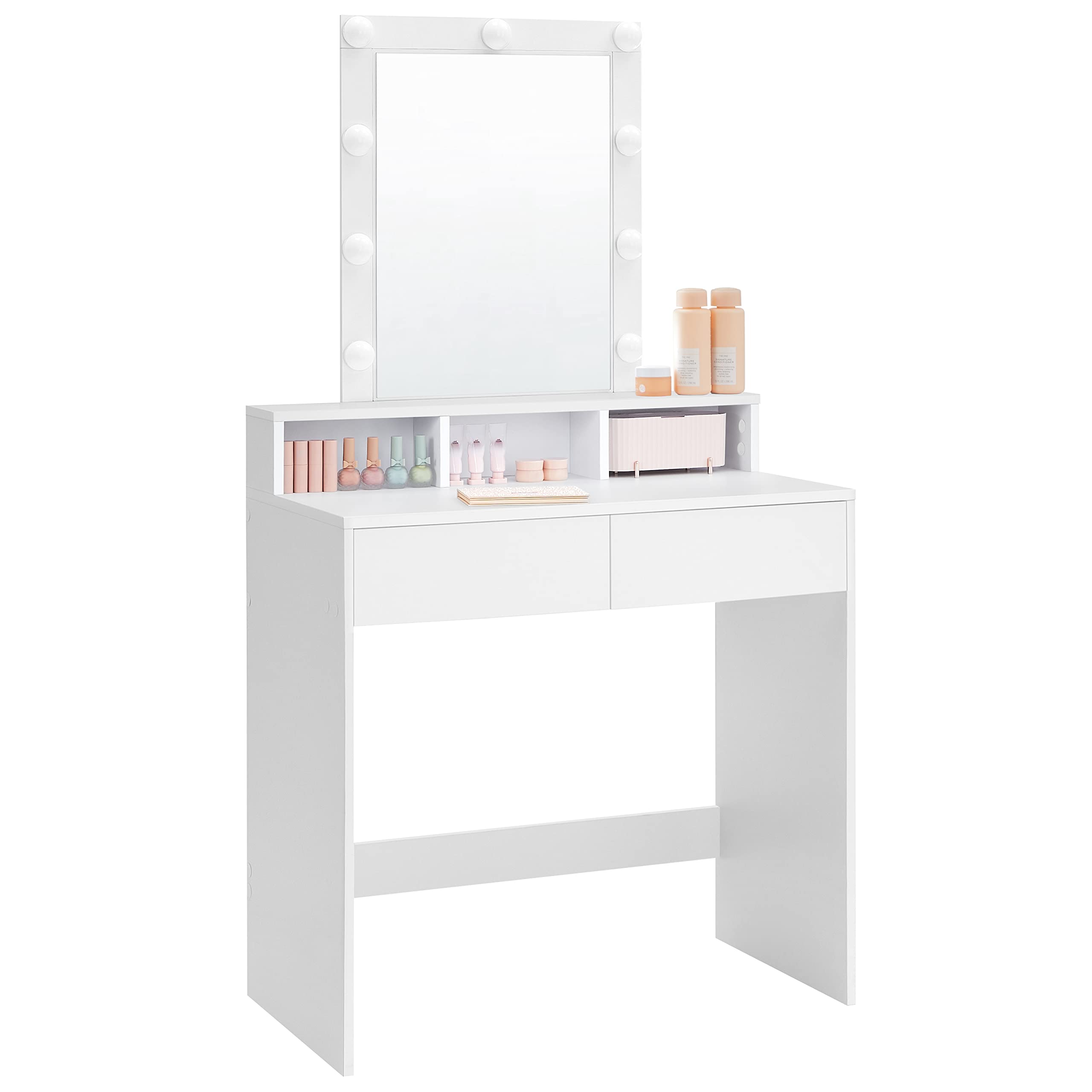 VASAGLE Kailyn Kollektion - Schminktisch mit LED-Beleuchtung, einstellbare Helligkeit, Frisiertisch mit Spiegel, Kosmetiktisch mit 2 Schubladen und 3 offenen Fächern, weiß RDT114W01