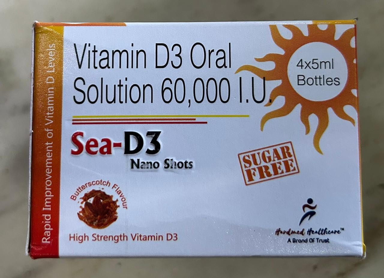 SEA D3 Nano Shots/Vitamin D3 60,000 I.U Sugar Free Oral Solution Drug Catagory (8 Shots of 5ml Each) = Pack of 2 boxes 2