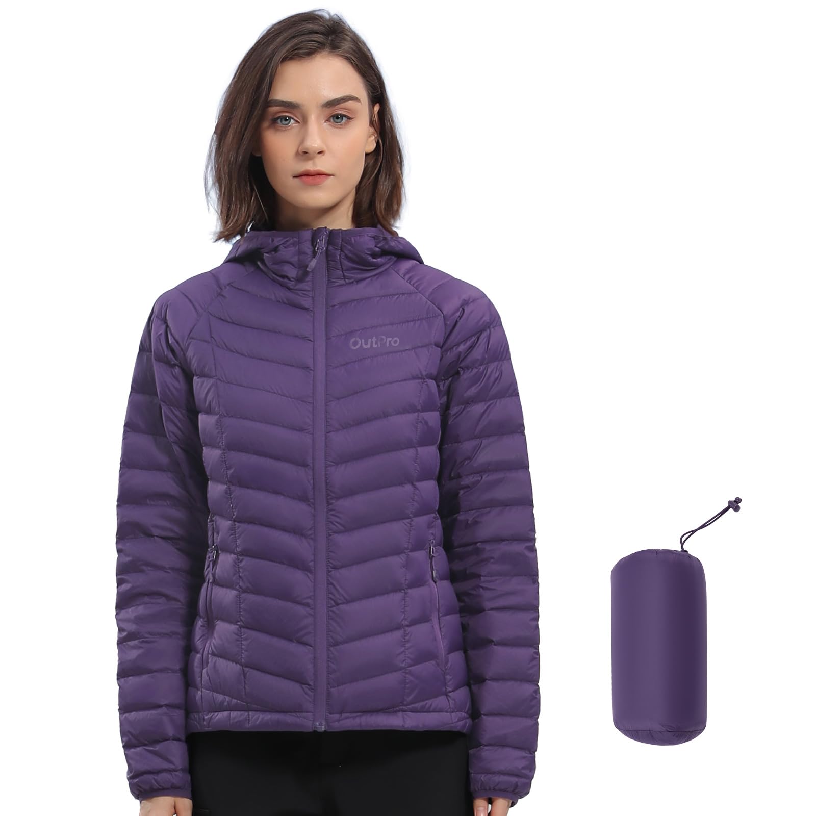 OutPro Piumino da donna leggero e avvolgente, giacca invernale calda con cappuccio, per attività all'aria aperta, calda fodera in policotermico con tasche per il tempo libero, le escursioni, i viaggi