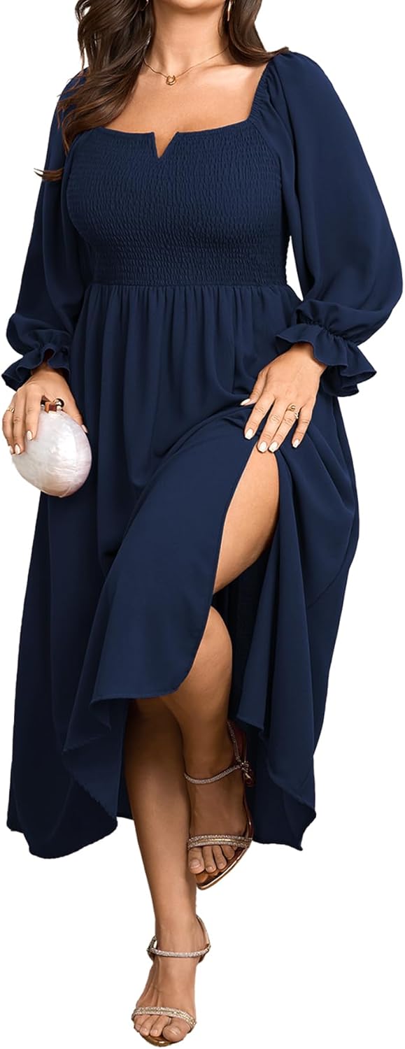 SCOMCHIC Womens Plus Size Maxi Dress Long Sleeve Square Neck Smocked Wedding Guest Flowy Split Fall Dresses with Pockets