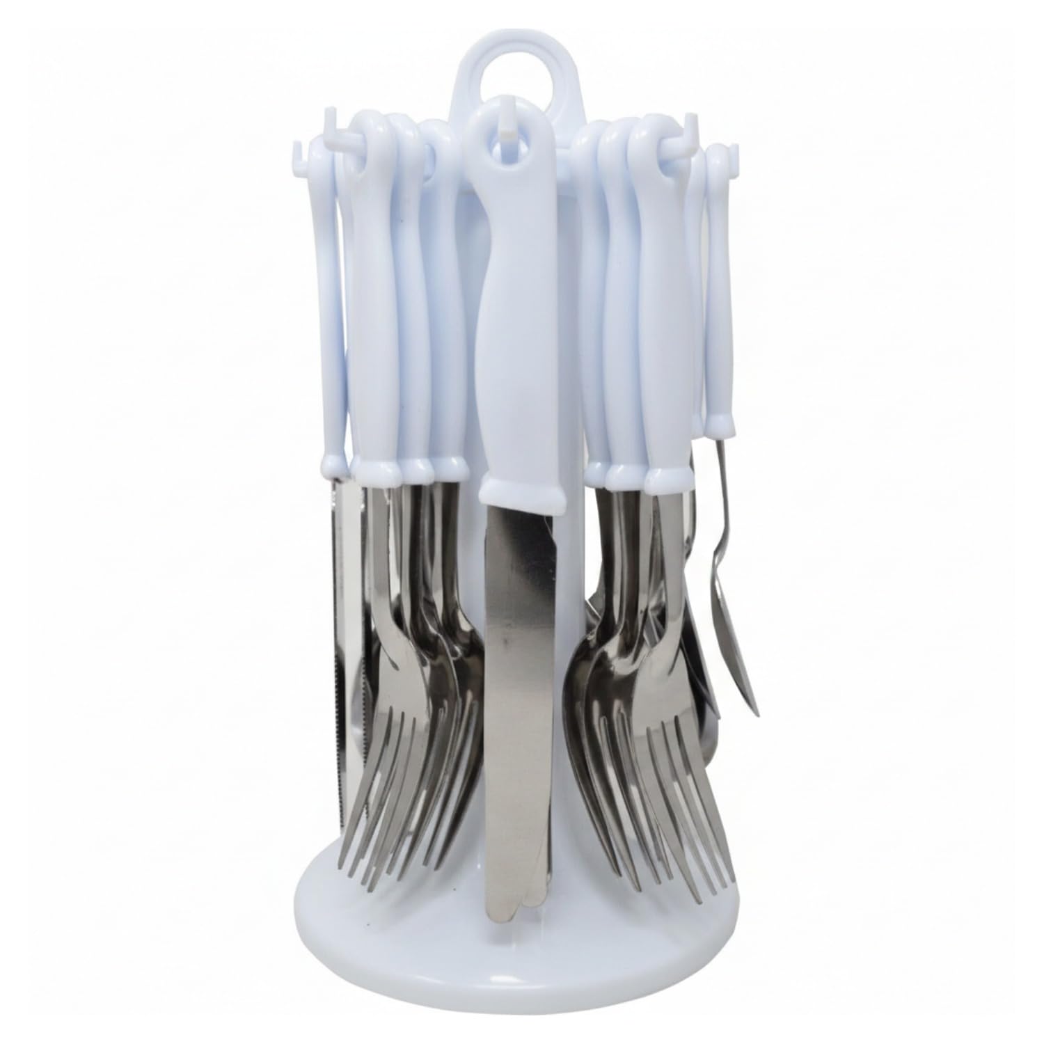 NEW 24PC Cutlery Dinner Set Stainless Steel Metal Stand Rack Forks Tea Spoons (White)